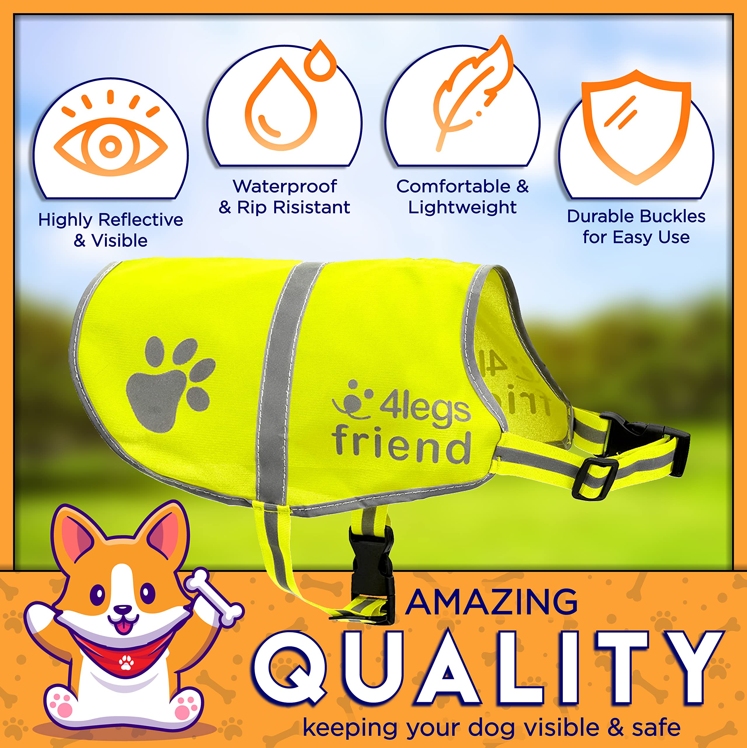Yellow Safety Reflective Lightweight Vest With Leash Hole 5 Sizes - Snap Lock Buckle Straps, High Visibility For Outdoor Activit