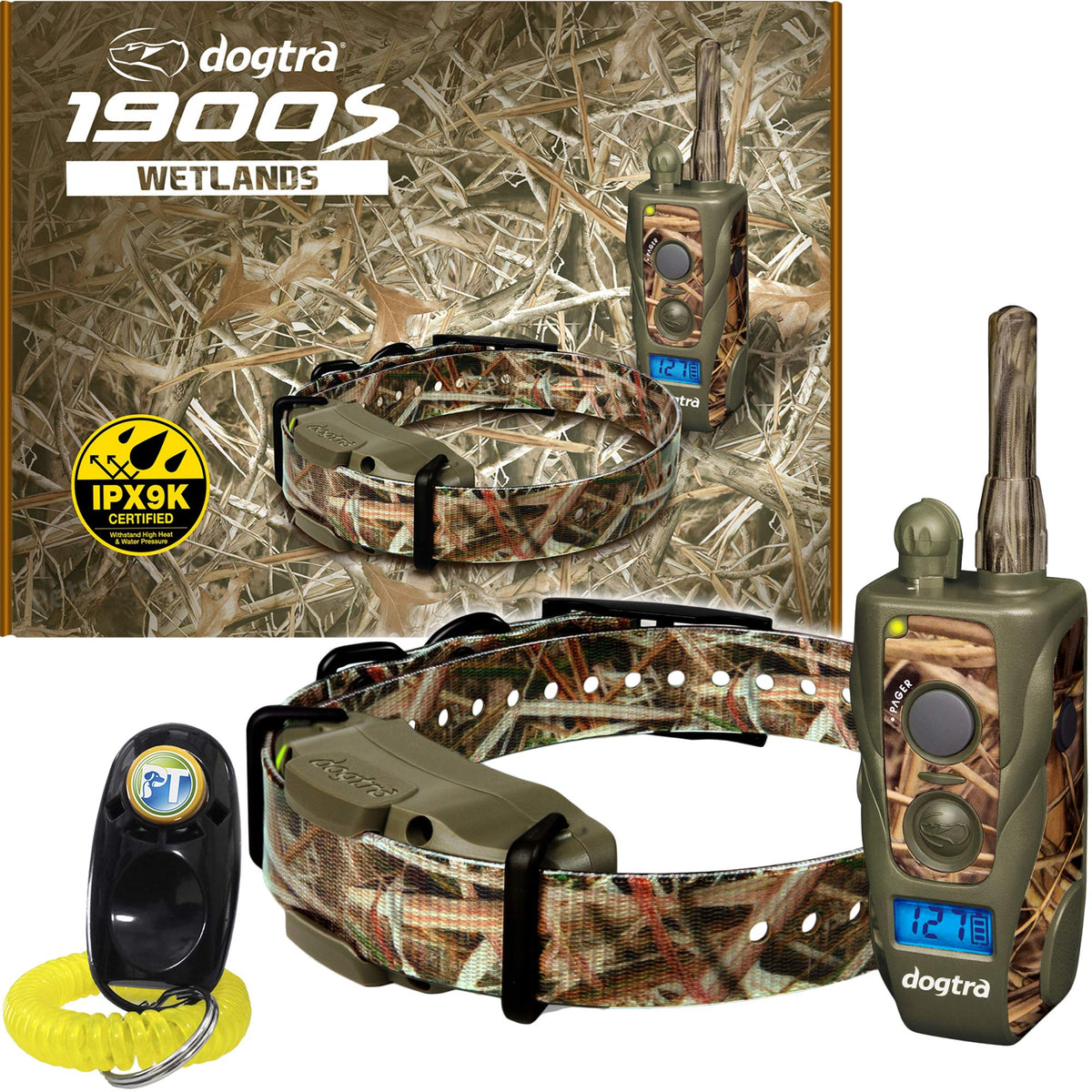 Dogtra 1900S Wetlands Camo Remote Training Collar - 3/4 Mile Range, Ipx9K Waterproof, Rechargeable, 127 Training Levels, Vibration - Includes Petstek Dog Training Clicker