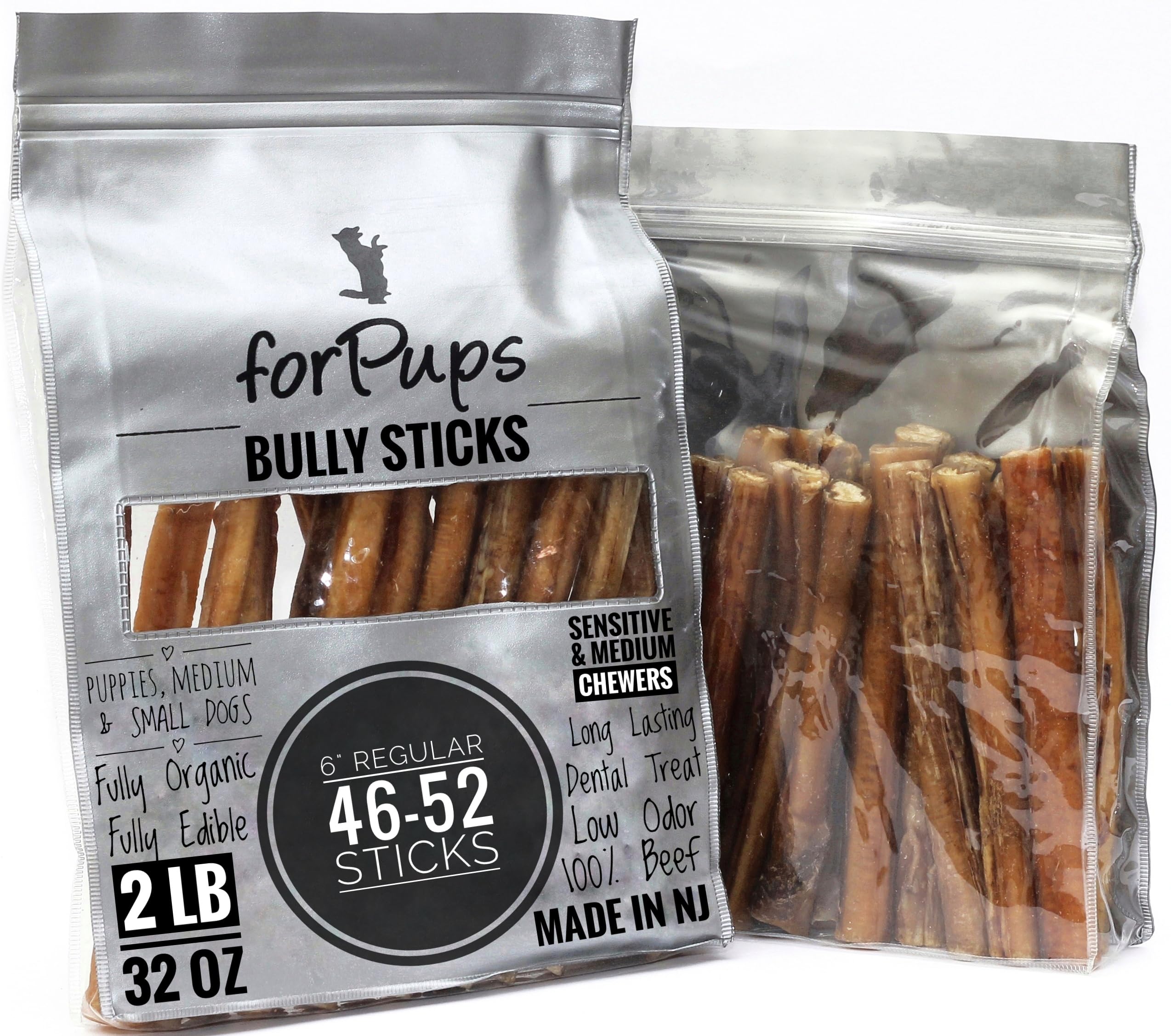 forPups Regular 2 POUNDS of (6   ) Bully Sticks for Medium, Small Dogs & Puppies, for Sensitive & Medium Chewers (32 oz) Natural