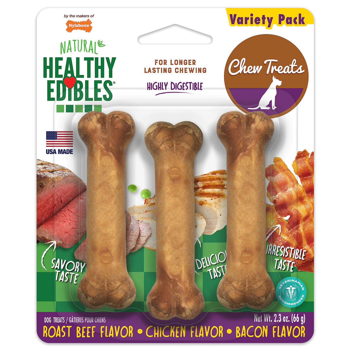 Nylabone Healthy Edibles Natural Dog Chews Long Lasting Chew Treats For Dogs, Roast Beef & Chicken Flavor, X-Small/Petite (3 Count)