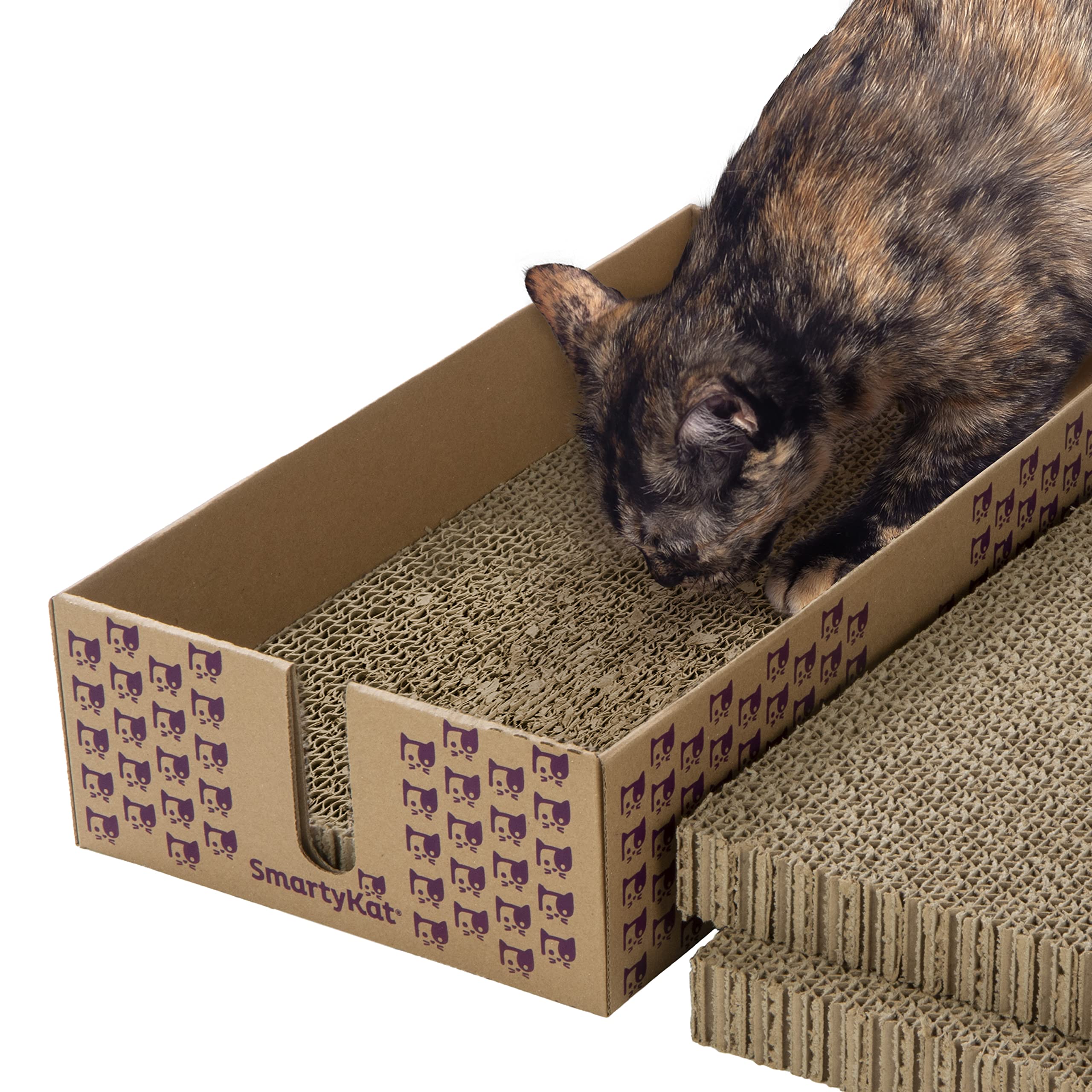 Smartykat (3 Set) Super Scratcher+ Stacker Box Corrugated Cat Scratchers, Catnip Infusion Technology - Brown, Double Wide, 3 Set