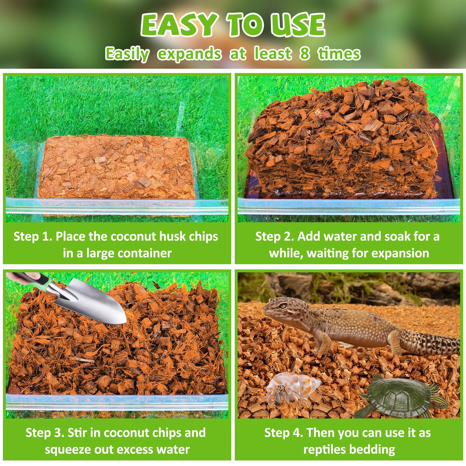 Legigo 4 Pack Coconut Chip Substrate for Reptiles, Natural Coco Husk Chip Reptiles Bedding, Compressed Coconut Chip Substrate fo