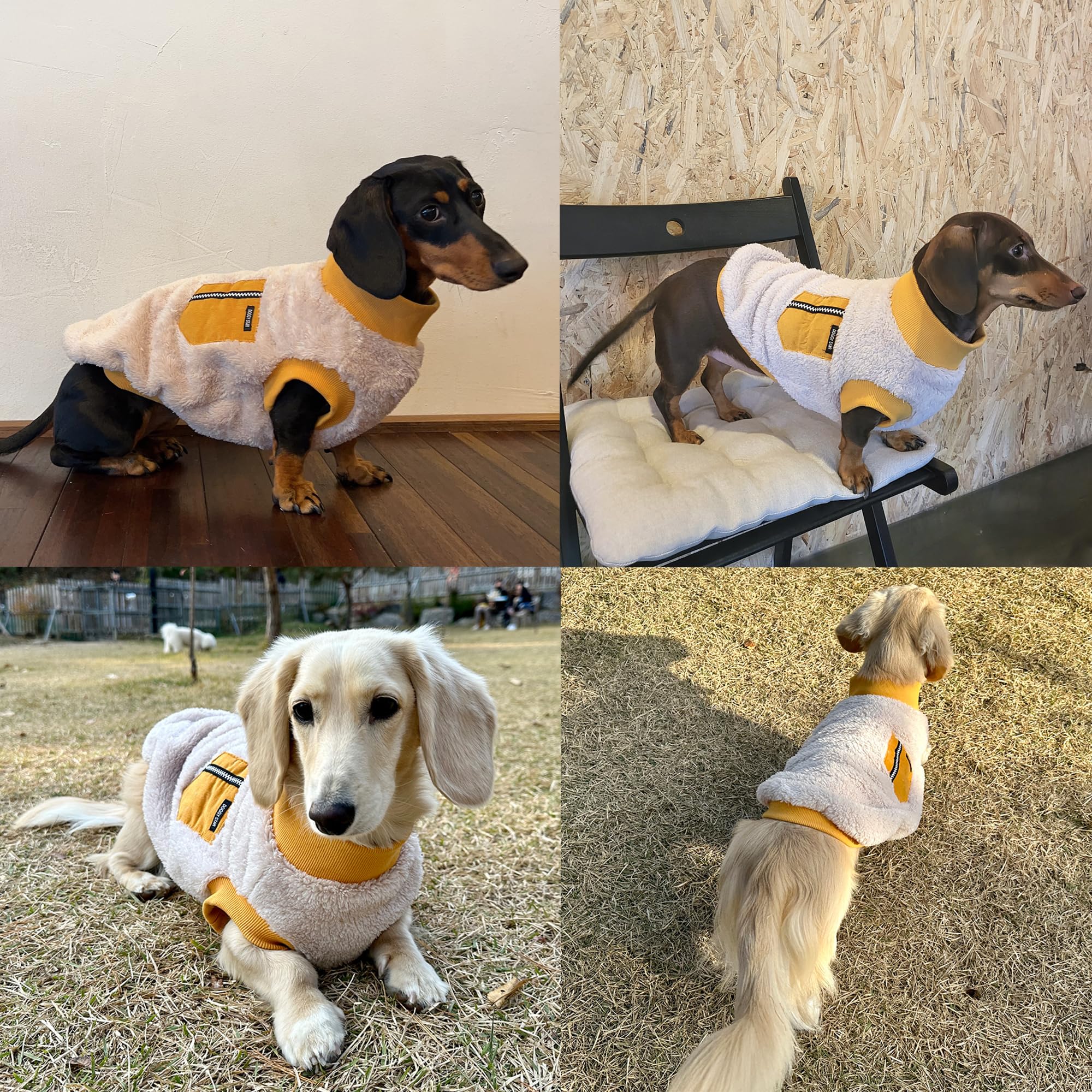 D Doggy Star Dachshund Sweater For Dogs Warm Fleece Clothes Winter Coat (S,Mustard Pocket)
