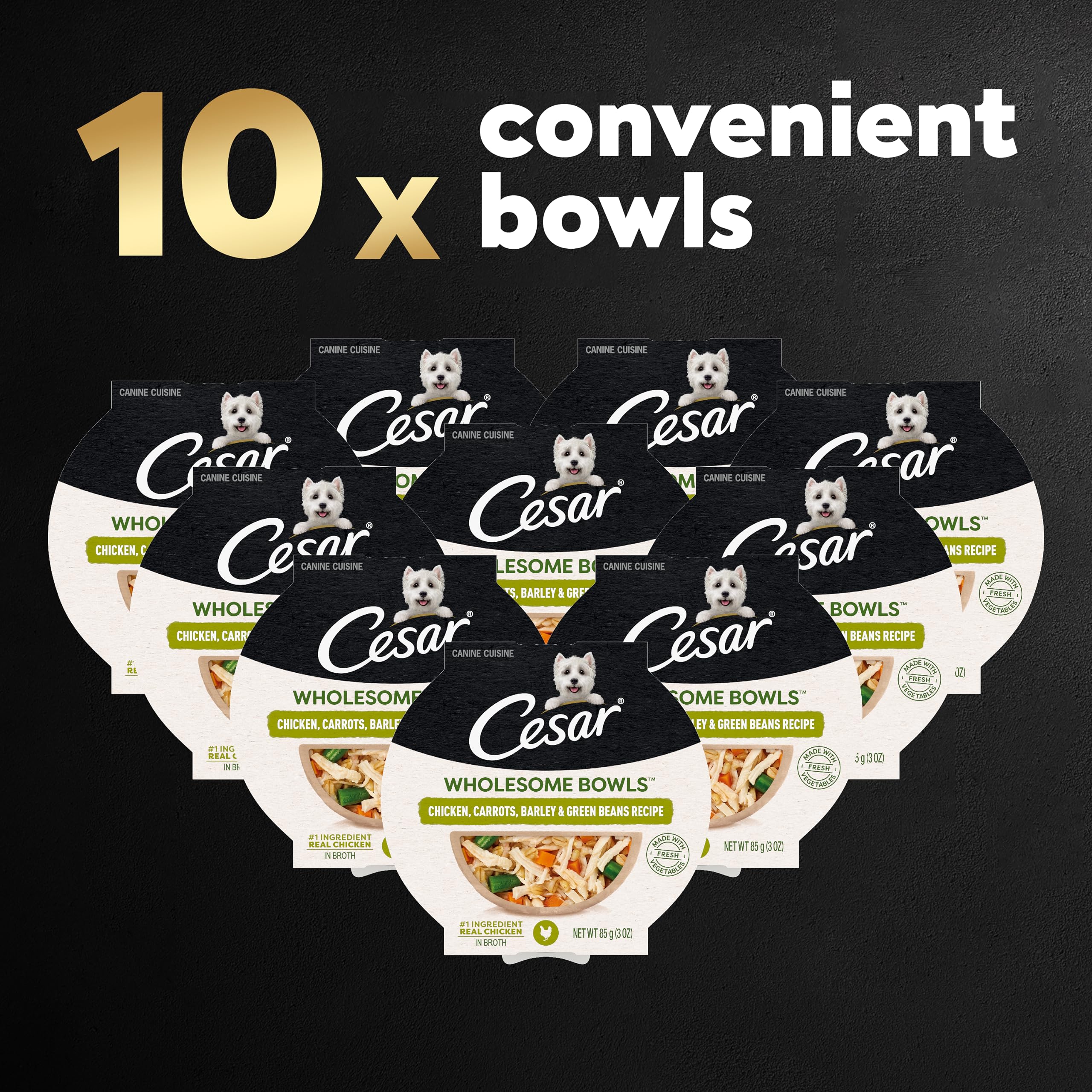 Cesar Wholesome Bowls Adult Wet Dog Food, Chicken, Carrots, Barley & Green Beans Recipe, 3 oz. (10 Count, Pack of 1)