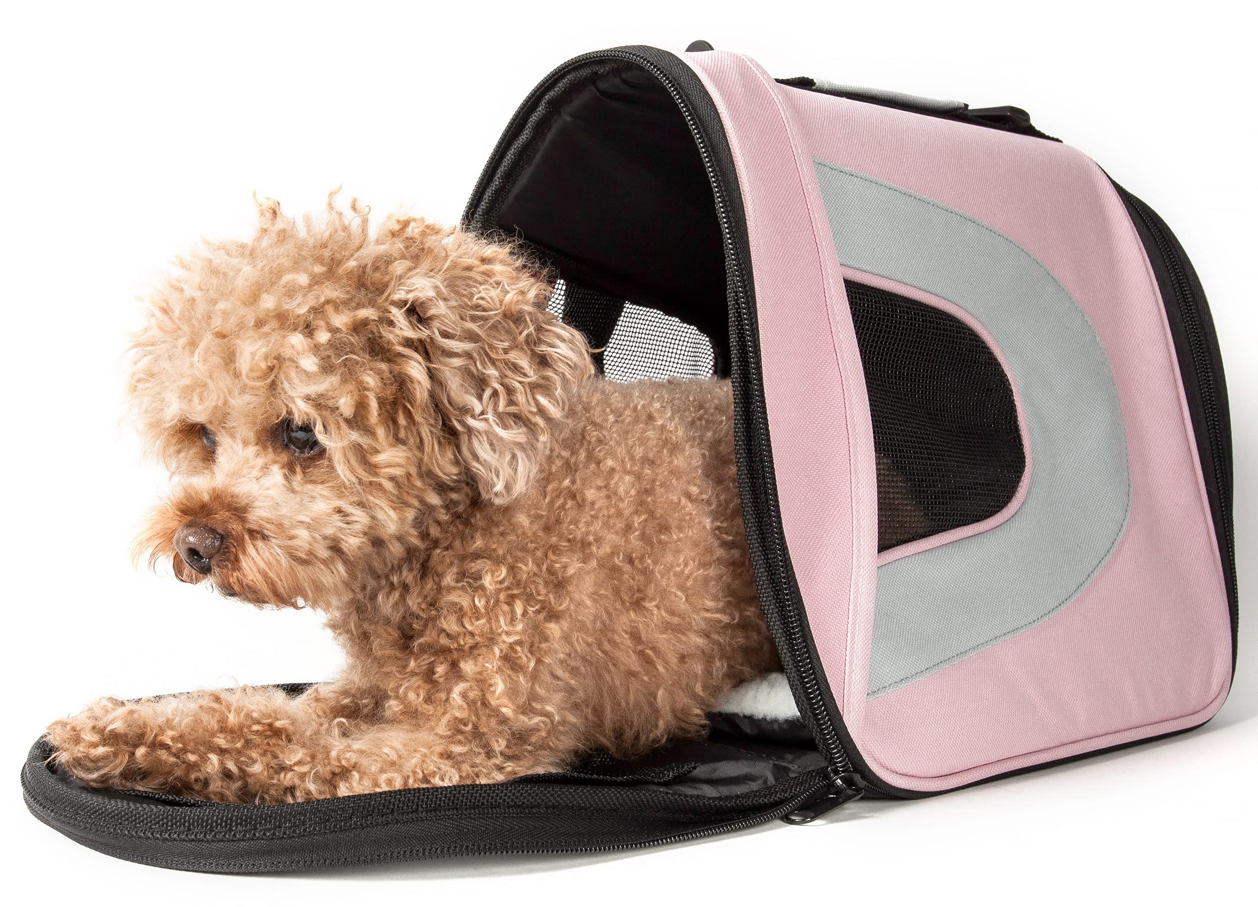 Pet Life Airline Approved Collapsible Zippered Folding Sporty Mesh Travel Fashion Pet Dog Carrier Crate, Large, Pink & Cream