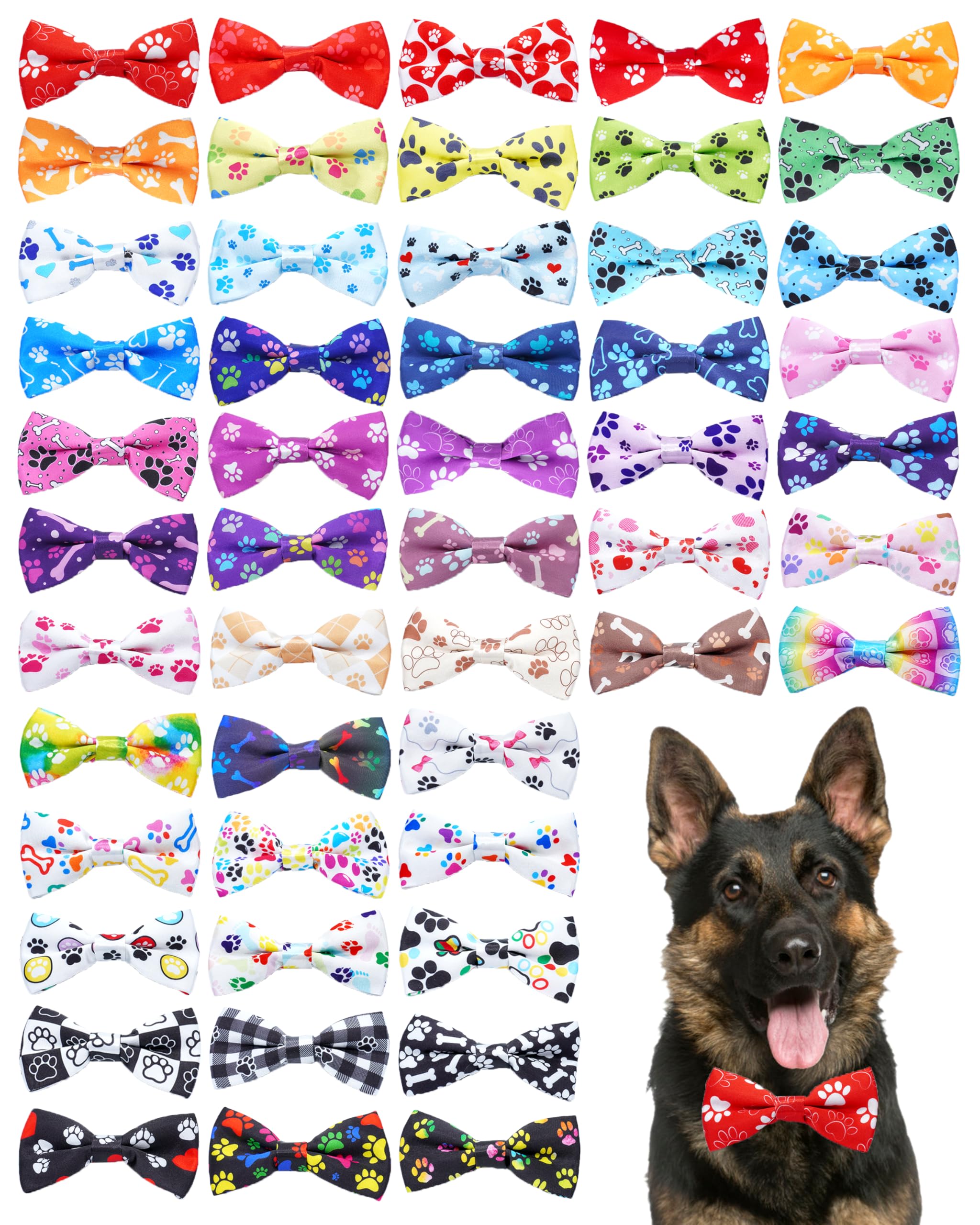 Pet Show 50 Pack Paw Print Dog Bow Ties Collar For Large Medium Dogs Adjustable Bowties Neckties Bowknots Bulk Pet Grooming Acce