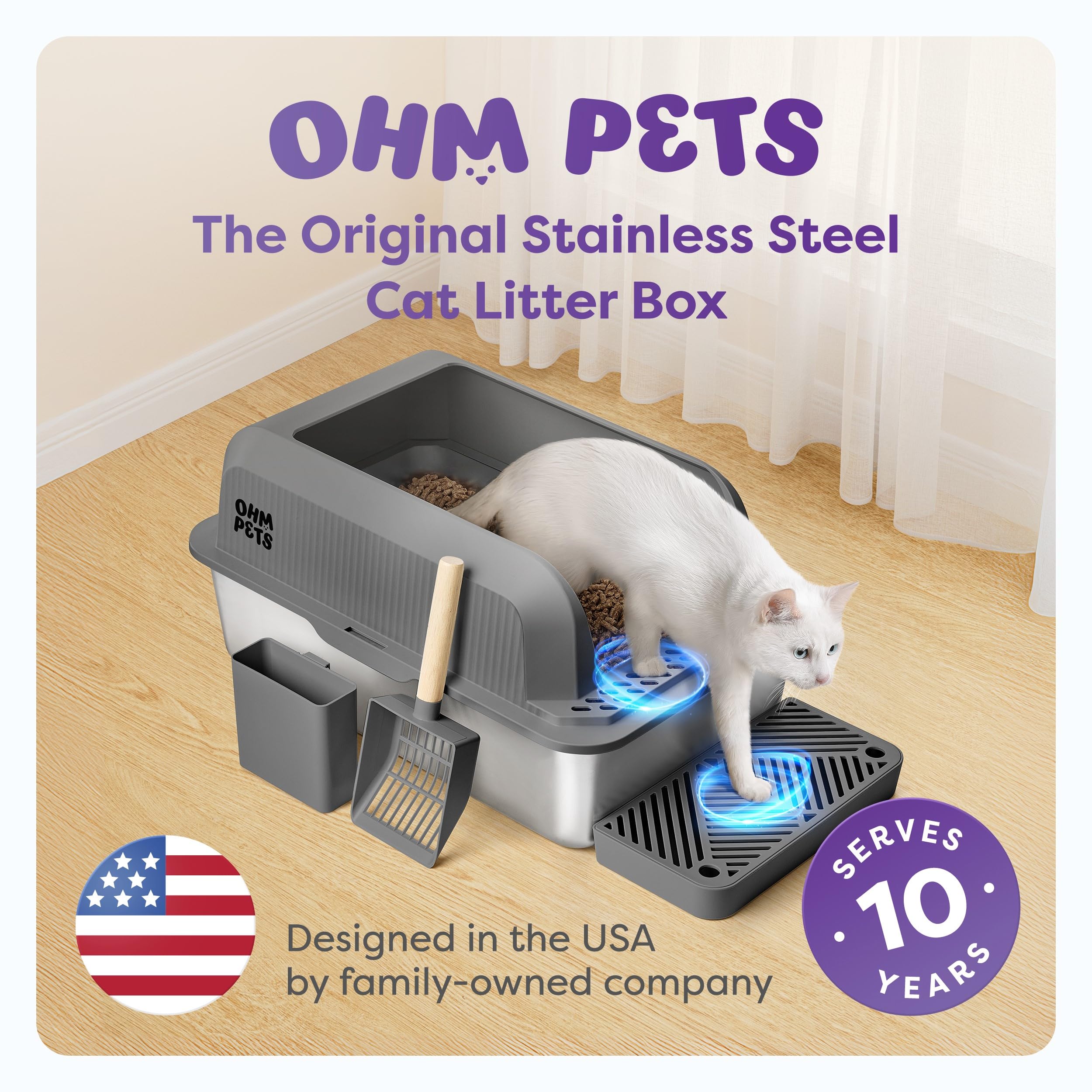 Ohm Pets Xl Stainless Steel Cat Litter Box - 20L Non-Stick, Rust-Proof Metal Litter Box With High Sides For Spill Prevention, Du