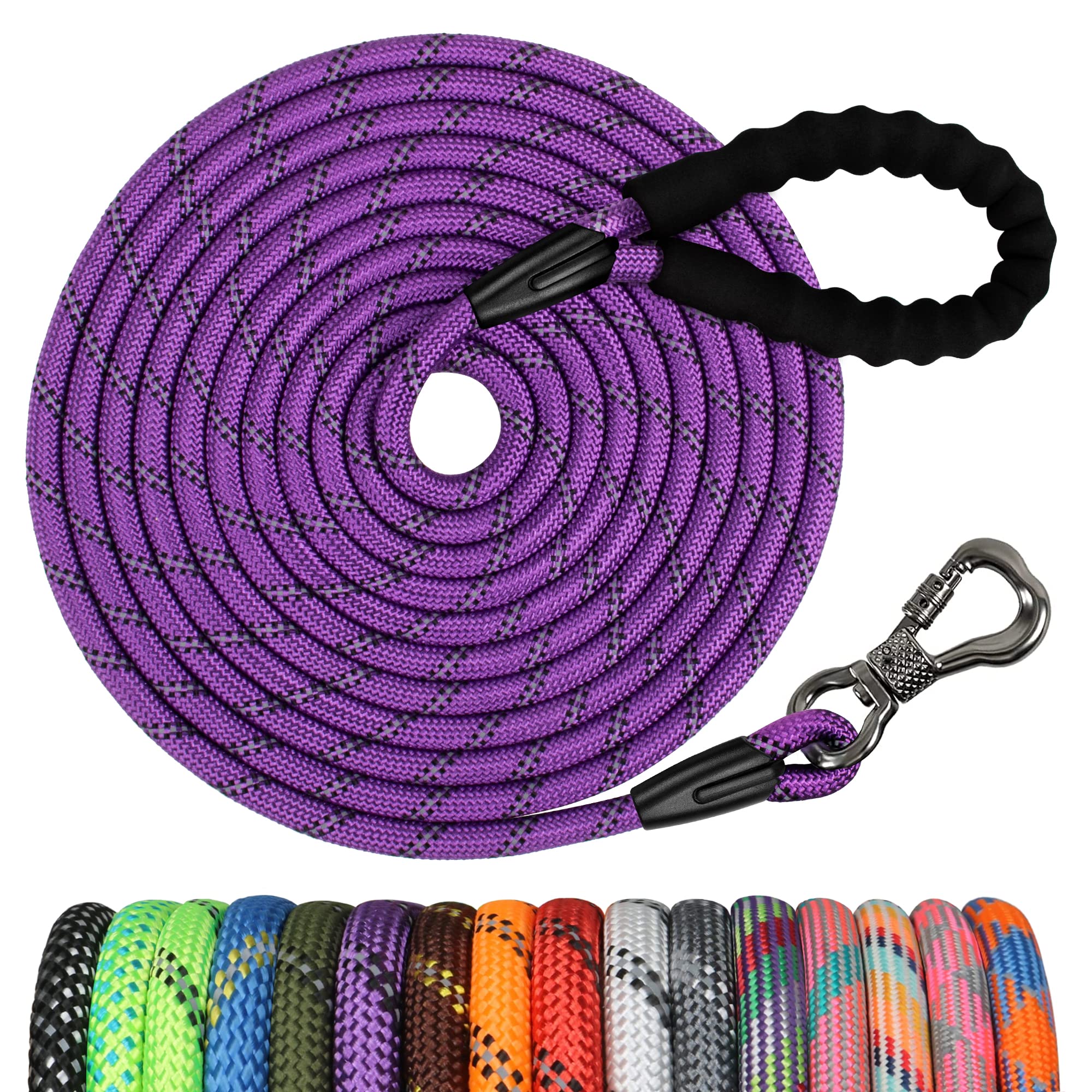 Ntr 25Ft Training Leash For Dog, Purple Rope Leash With Swivel Lockable Hook, Reflective Thread, Padded Handle, Dog Lead Line For Walking, Hunting, Camping, Backyard For Small Medium Large Dog
