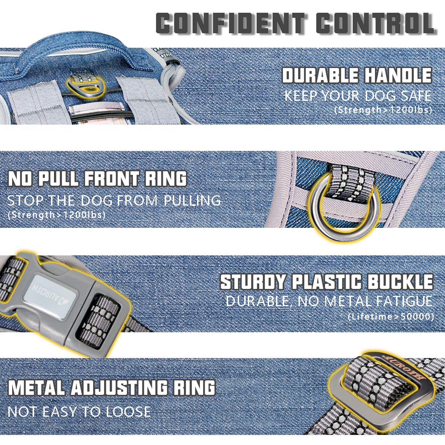 Auroth Tactical Dog Harness For Small Medium Large Dogs No Pull Adjustable Pet Harness Reflective K9 Working Training Easy Control Pet Vest Military Service Dog Harnesses (L, Denim Blue)