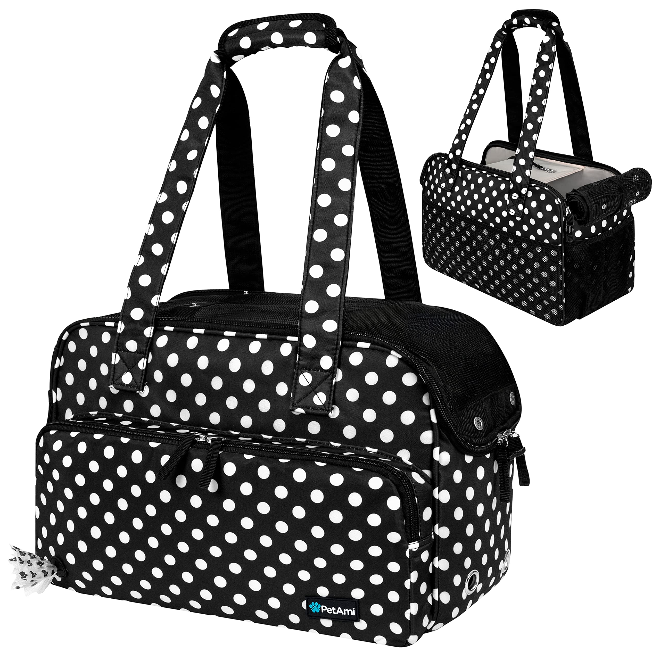 Petami Small Dog Purse Carrier, Soft-Sided Pet Carrier Bag With Pockets, Portable Puppy Cat Travel Handbag Tote, Airline Approved Breathable Mesh, Poop Bag Dispenser, Max 18 Lbs, Polka Dot Black