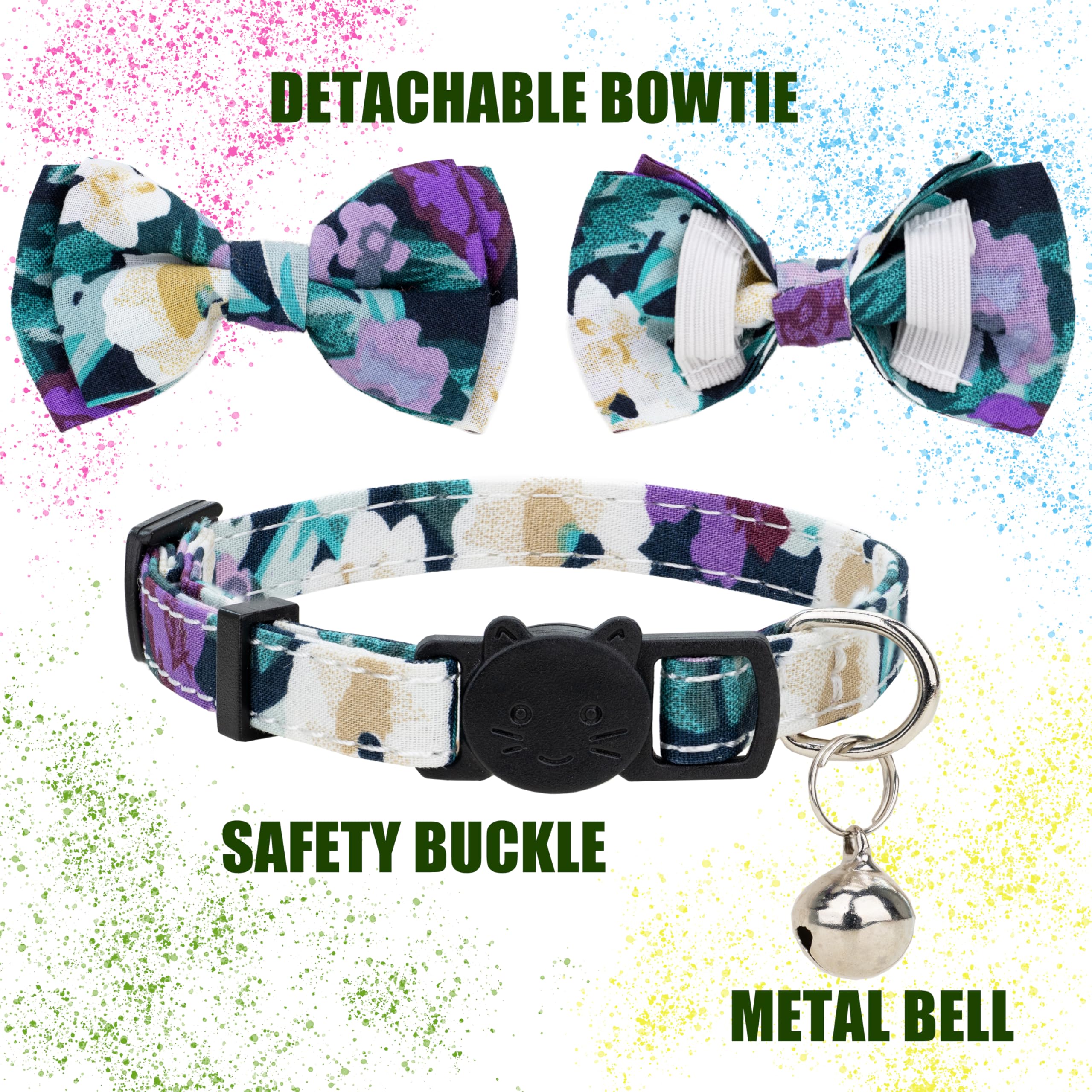Gyapet Collar For Cat Pet Breakaway With Bell Bowtie Detachable Bow Adjustable Safety Kitten Puppy Girl Boy 2Pcs Yellow & Purple