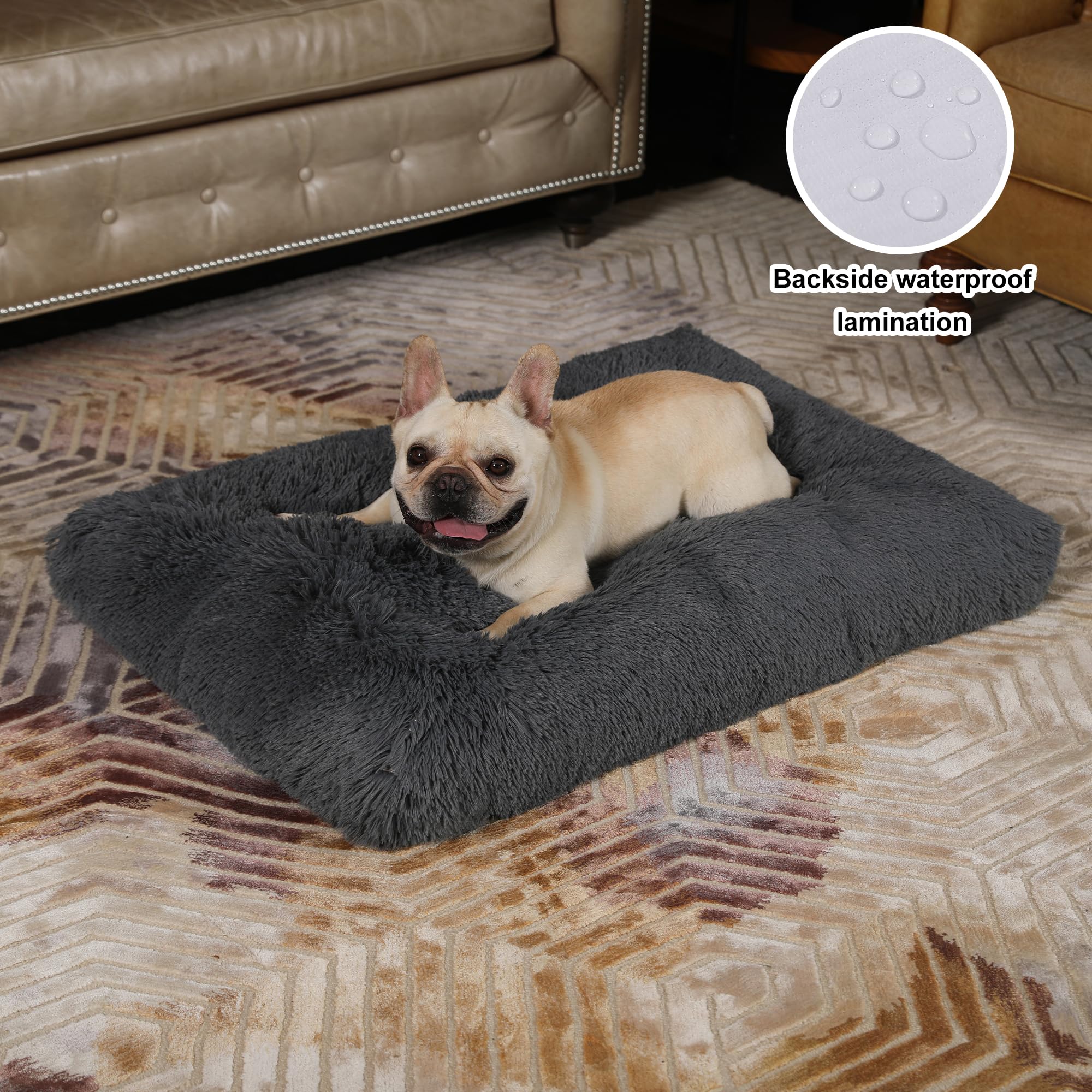 Bedfolks Waterproof Dog Crate Bed,Plush Dog Crate Pad With Removable Cover,Faux Fur Dog Bed For Medium Dogs,Fluffy Washable Dog