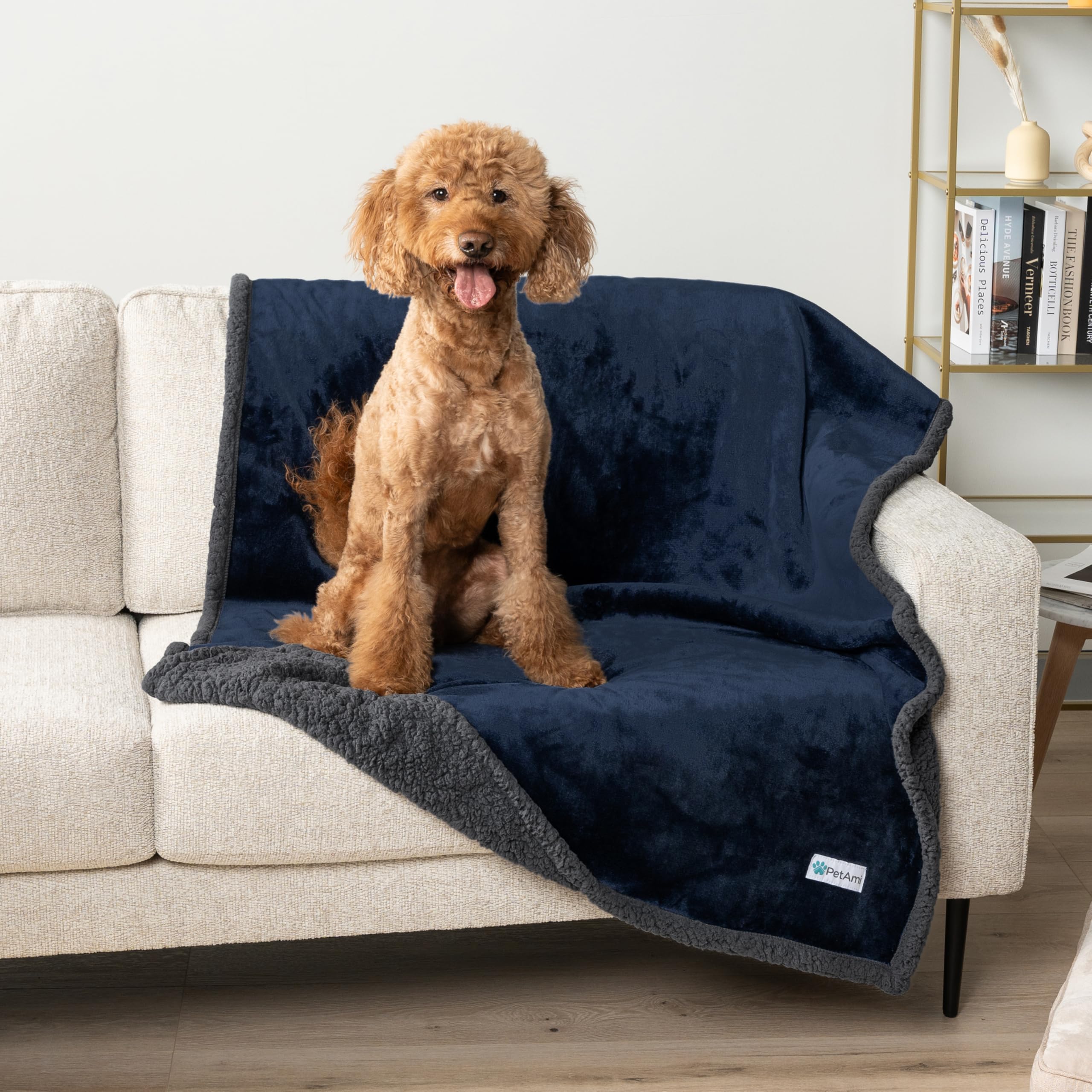 Petami Waterproof Dog Blanket For Bed, Xl Dog Pet Blanket Couch Cover Protection, Sherpa Fleece Leakproof Bed Blanket For Crate Kennel Sofa Furniture Protector, Reversible Soft Plush 80X60 Navy Gray