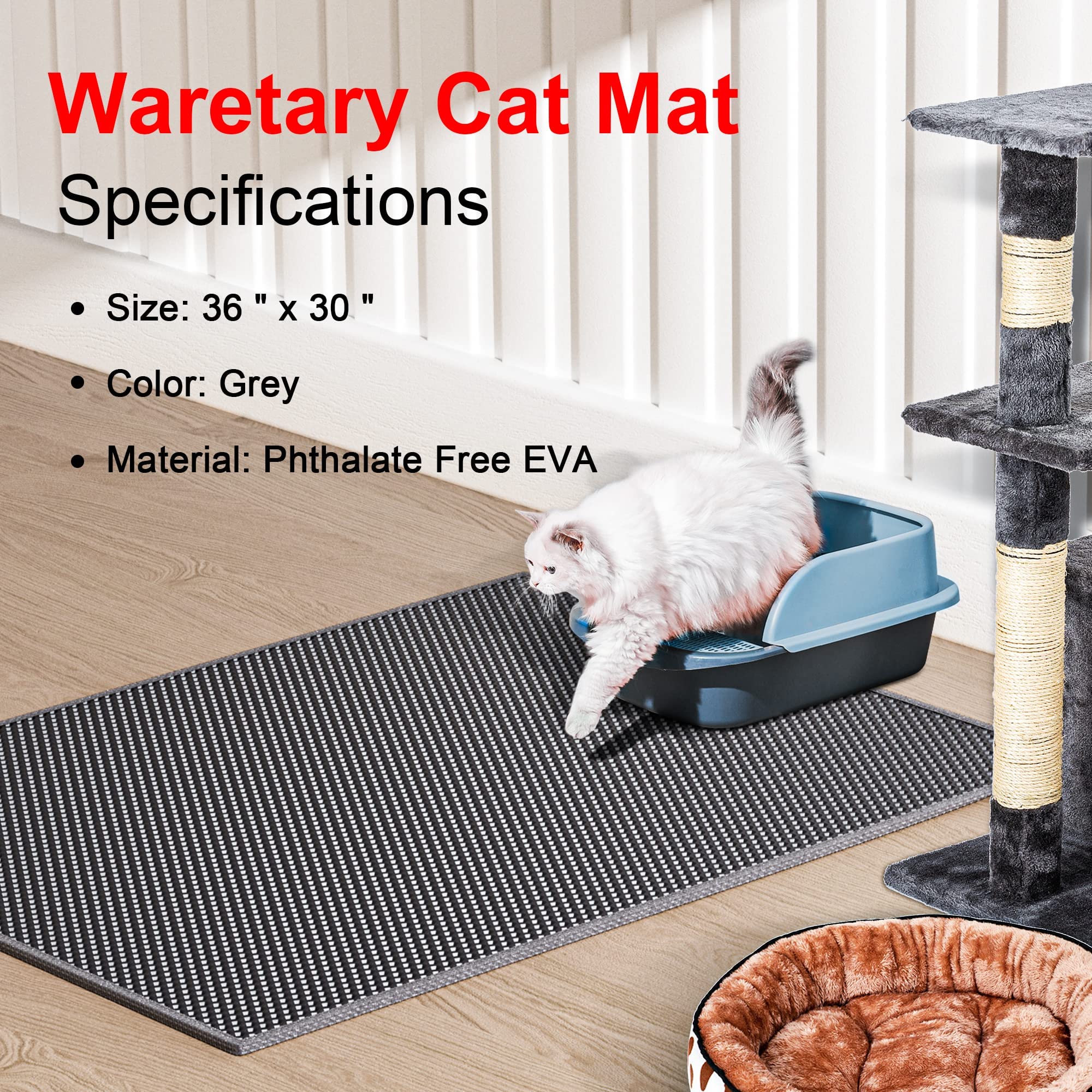Waretary Cat Litter Mat 36'X 30', Kitty Pretty Litter Box Trapping Mat, Extra Large Xl Honeycomb Double Scatter Control Layer Mat, Urine & Waterproof, Washable, Easy Clean, Phthalate Free, Grey