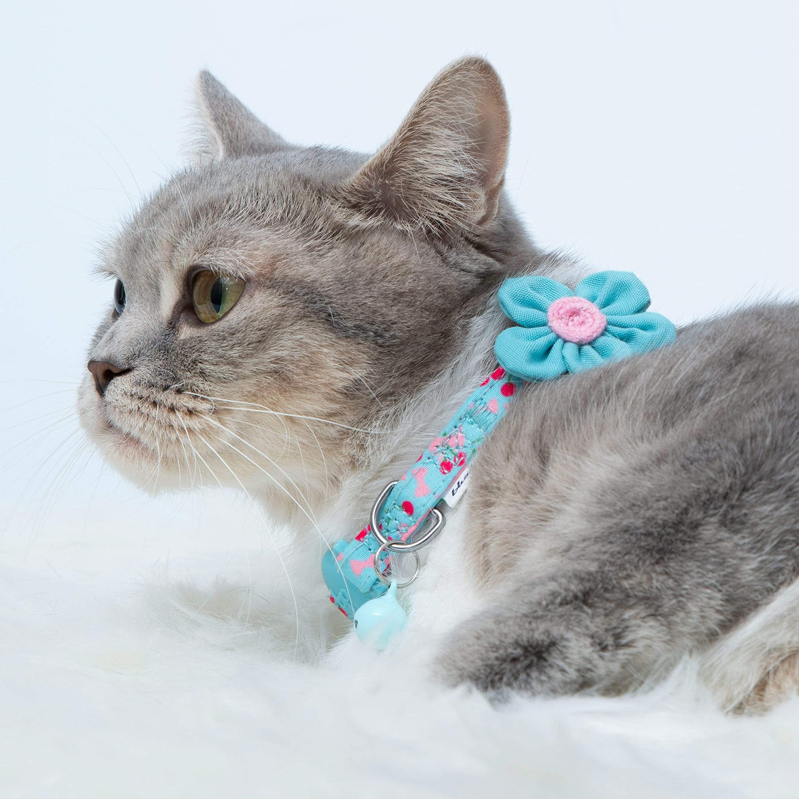 Blueberry Pet Pack Of 2 Cat Collars, Lovely Cherry And Floral Prints Adjustable Breakaway Cat Collar With Flower & Bell, Neck 9