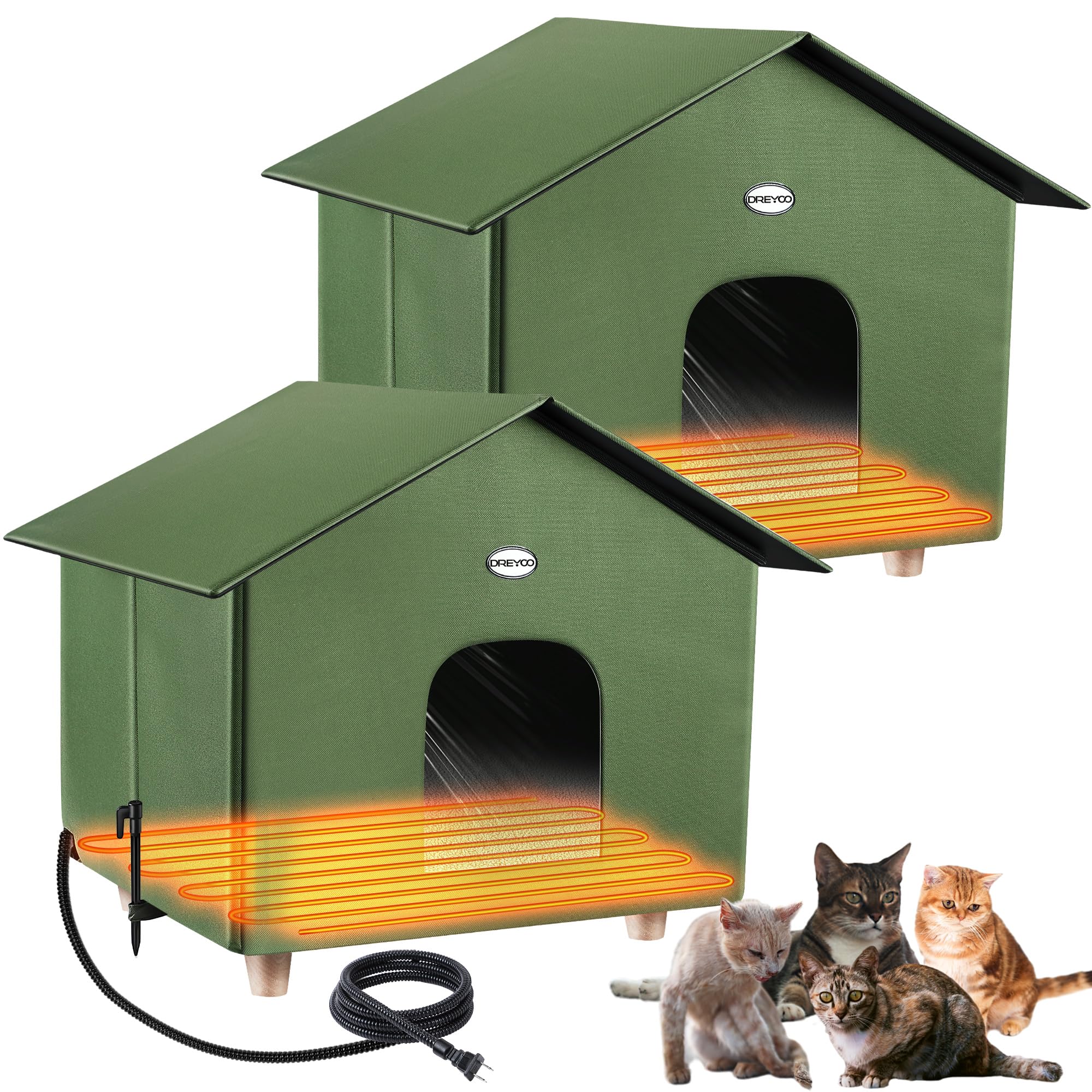 Dreyoo 2 Pack Heated Cat House Plus Size 18 X 20 X 16 Inches, Weatherproof Outdoor Cat Shelter With Heating Pad Mat, Warm Cat Ho