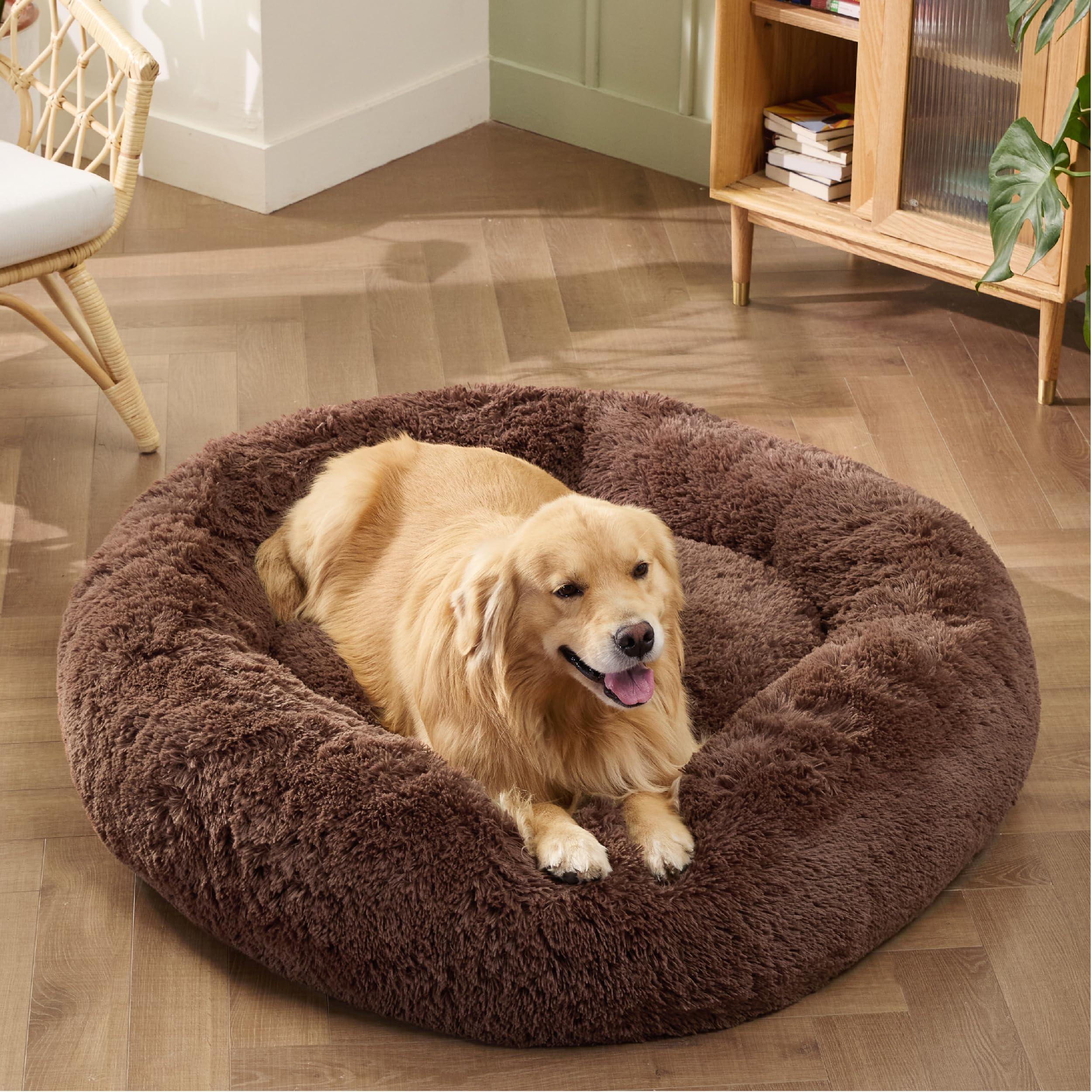 Bedsure Calming Dog Bed For Extra Large Dogs - Donut Washable Large Pet Bed, Anti-Slip Round Fluffy Plush Faux Fur Dog Bed, Fits