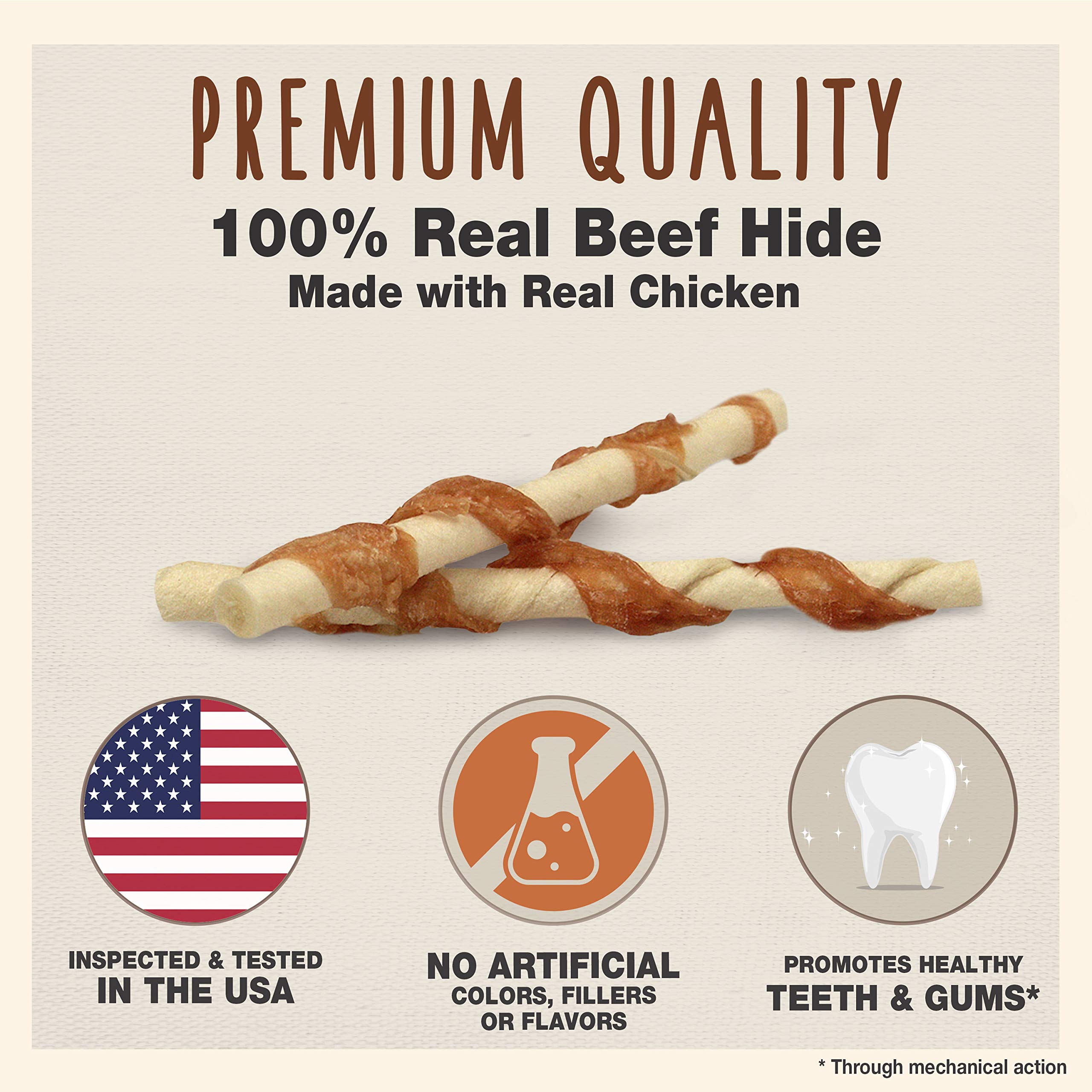 Cadet Gourmet 5-Inch Beef Hide Twist Chew Sticks, Long-Lasting and Natural Rawhide Chews for Dogs, Inspected & Tested in USA, Ch