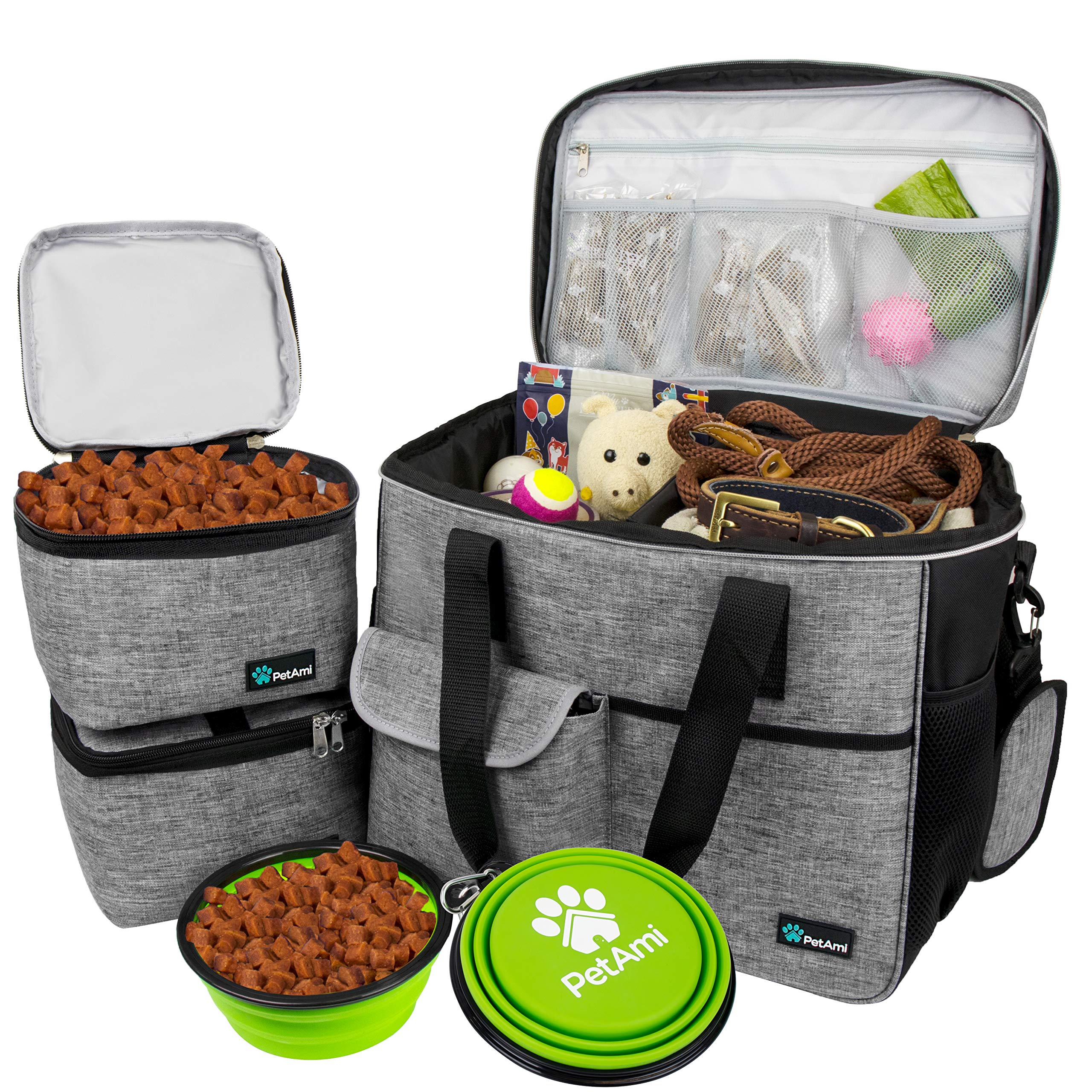 PetAmi Dog Travel Bag, Travel Pet Bag Organizer, Dog Food Travel Bag with Food Container and Bowls, Dog Travel Supplies Gift Acc