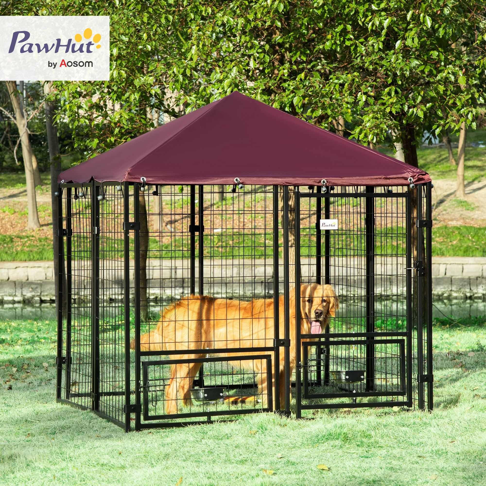 Pawhut Outdoor Dog Fence, Steel Pet Box With Lock, 2 Swivel Bowls And Oxford Fabric Cover, Kennel Black And Red