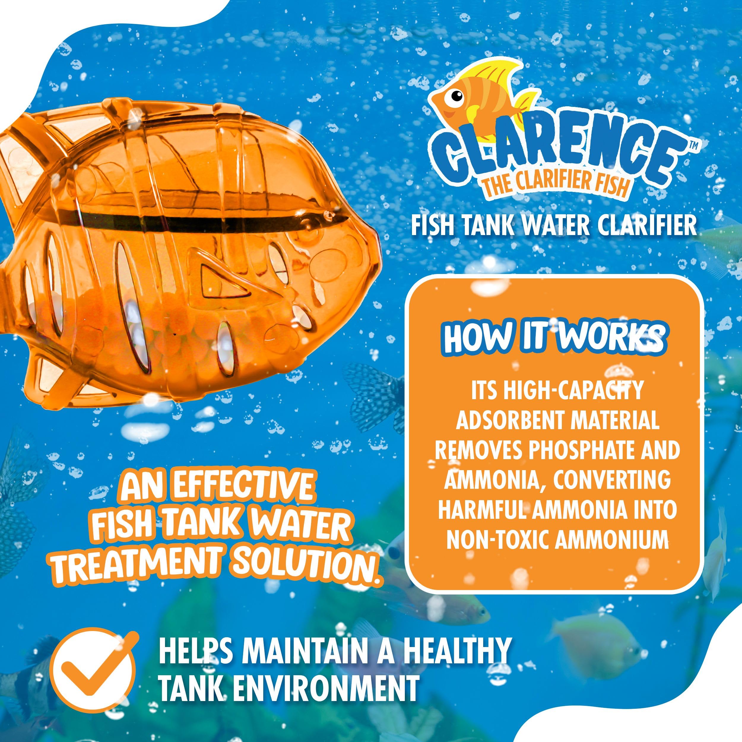 Clarence the Clarifier Fish Aquarium Water Clarifier | Clear Cloudy Fish Tank Water Treatment, Safe for Freshwater & Saltwater F