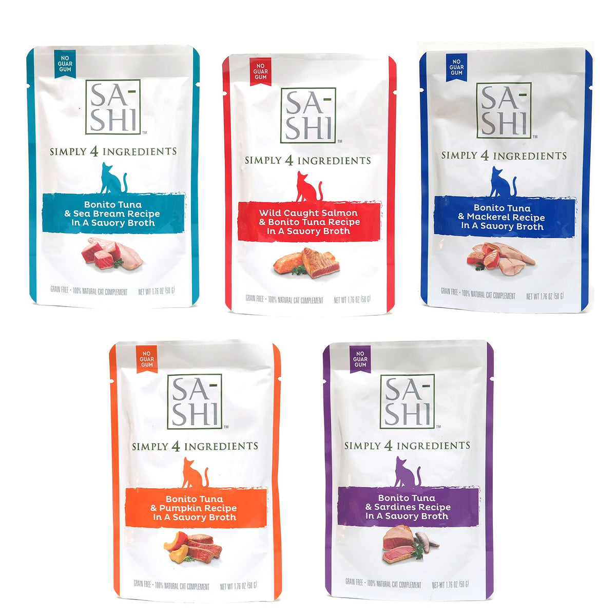 Sa-Shi Grain Free Wet Cat Food Pouches 1.76Oz. Five Flavors (Variety Pack)