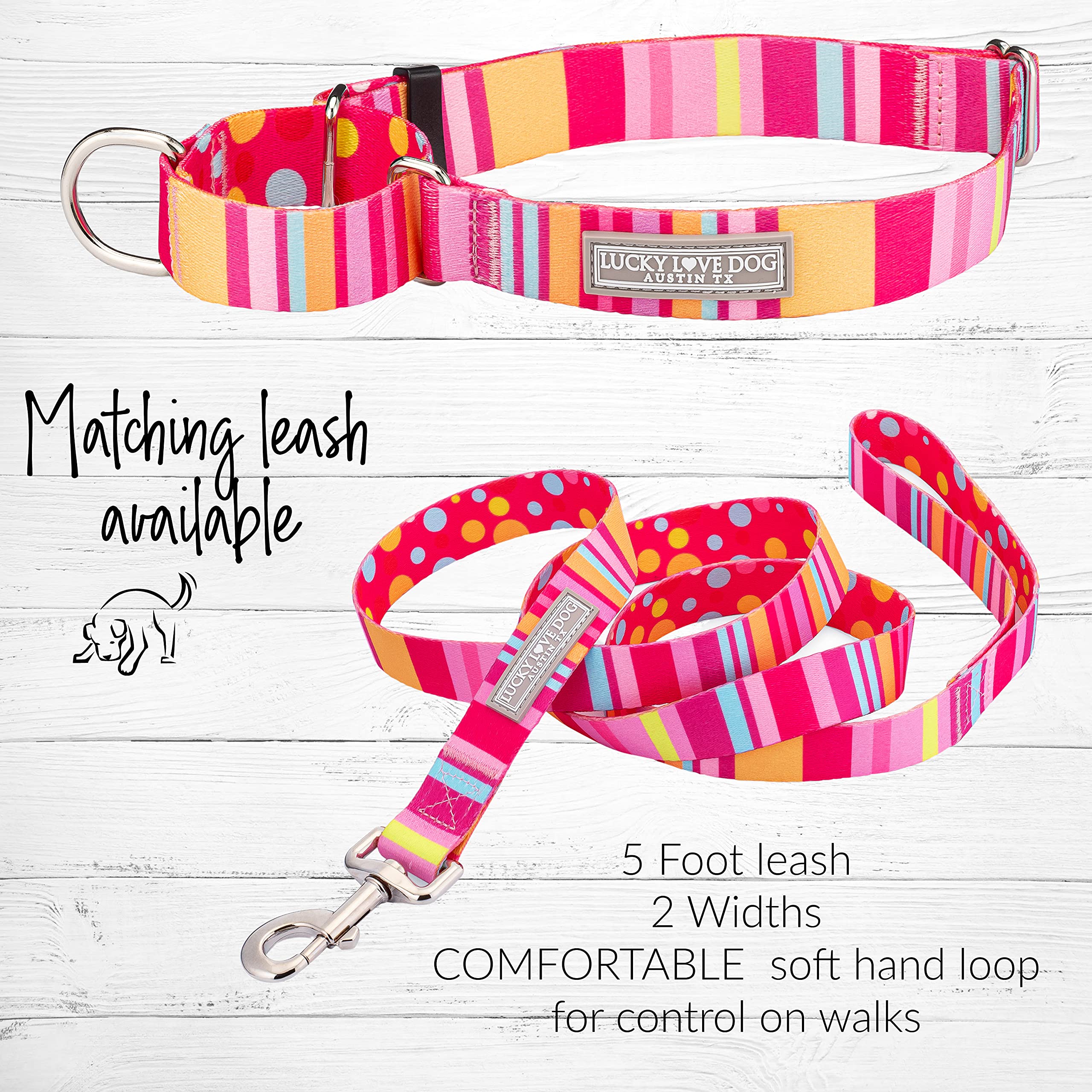 Lucky Love Dog, Summer Stripes Martingale Dog Collar, Yellow, Pink, Blue Summer No Slip Dog Collar - (Medium, Molly Martingale)