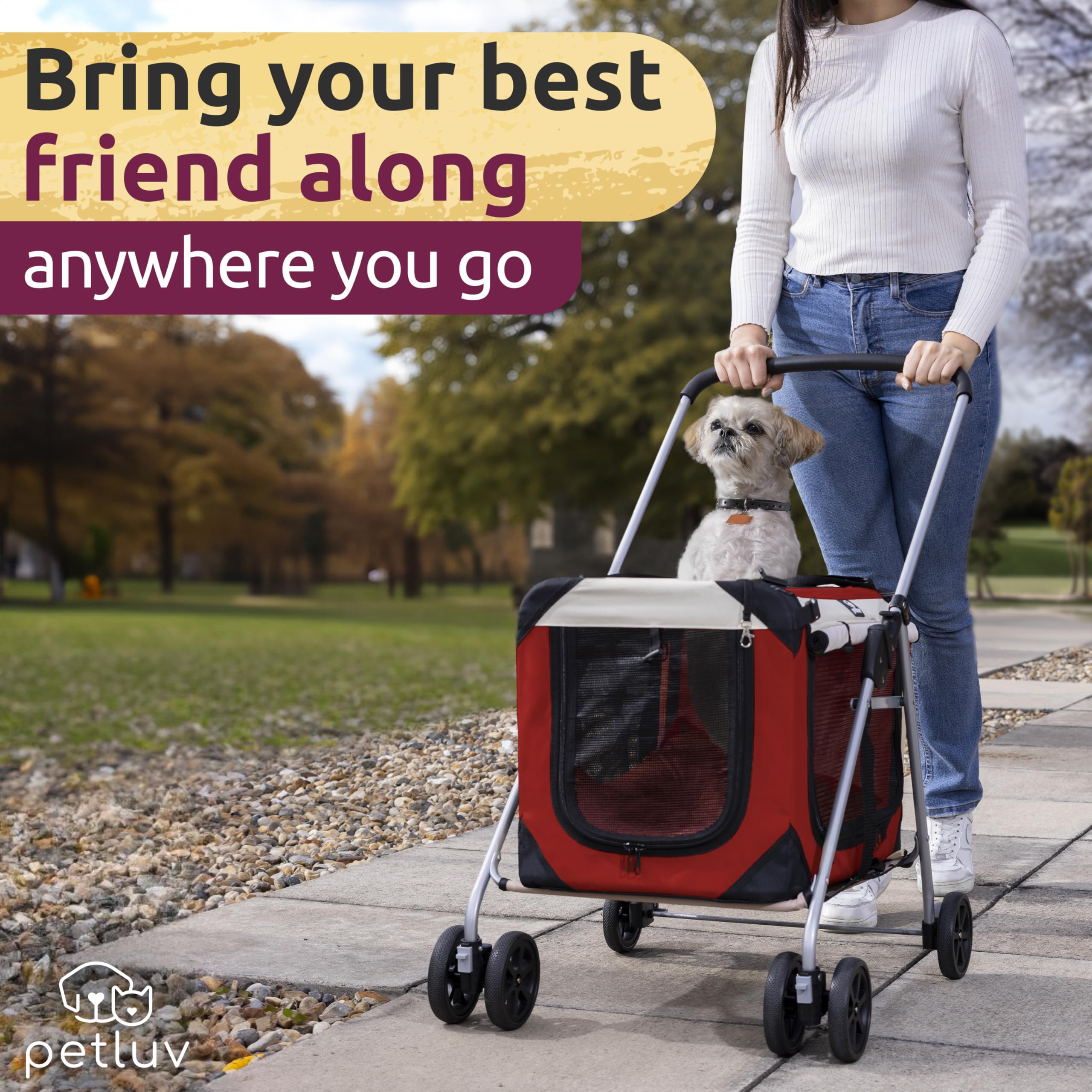 Petluv Pet Stroller, Fits 2 Cats, Small To Medium Dogs (10-45 Lbs), Red