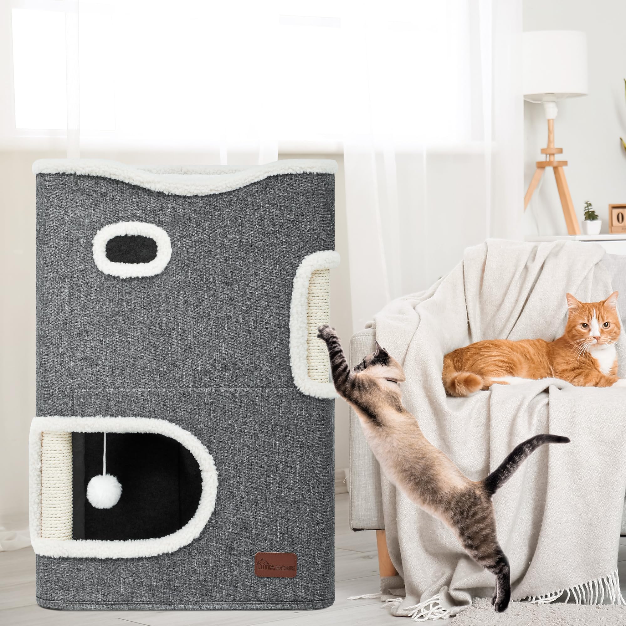 YIATHOME 2 Storey Cat House, Cat Beds for Indoor Cats, Small Cat Condo with Scratch Post and Hideaway Cave, Modern Cat Cube Play
