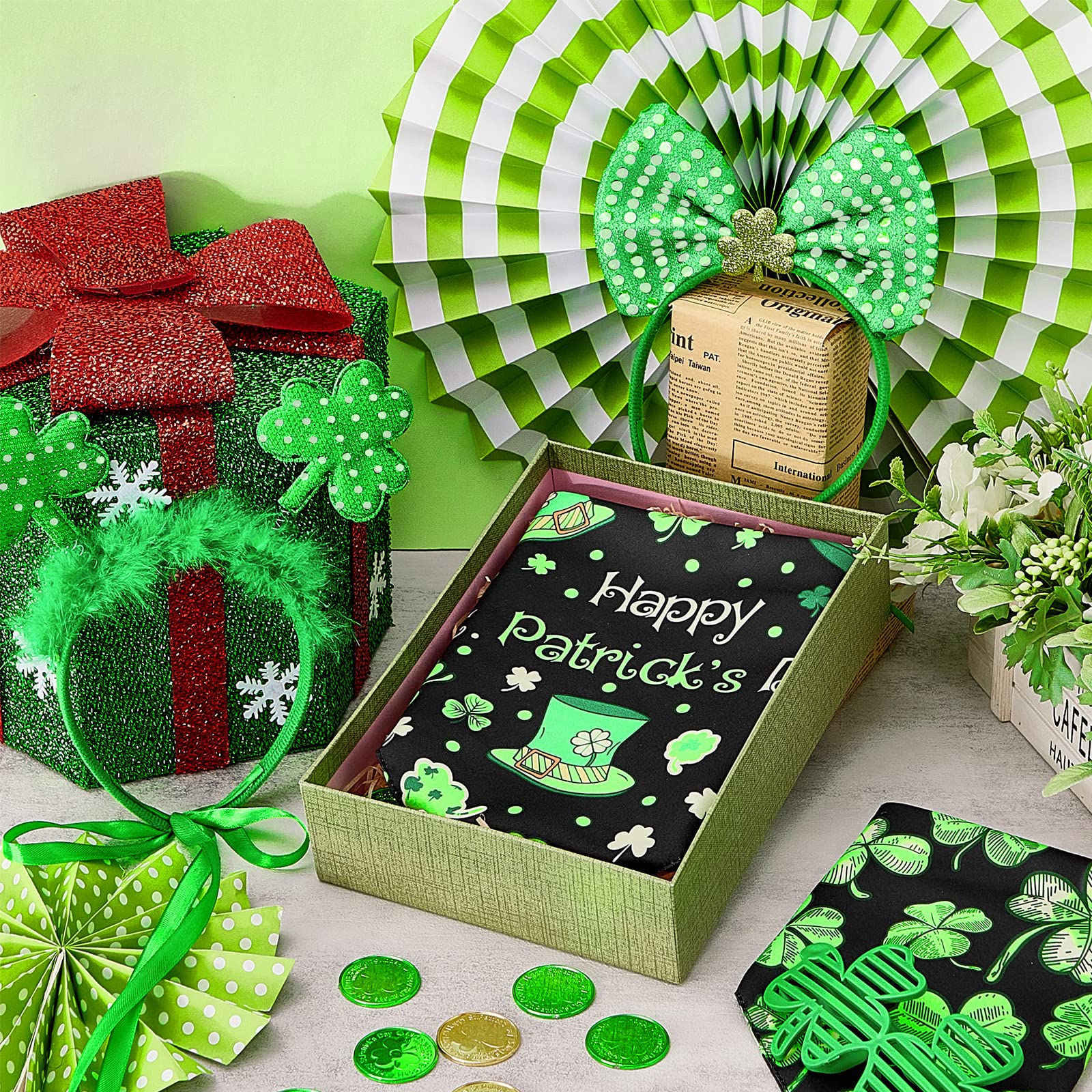 4 Pieces St Patrick'S Day Dog Costume 2 Sequin Irish Shamrock Headband Bowtie 2 Shamrock Dog Bandana Scarf For Pets Costume Deco