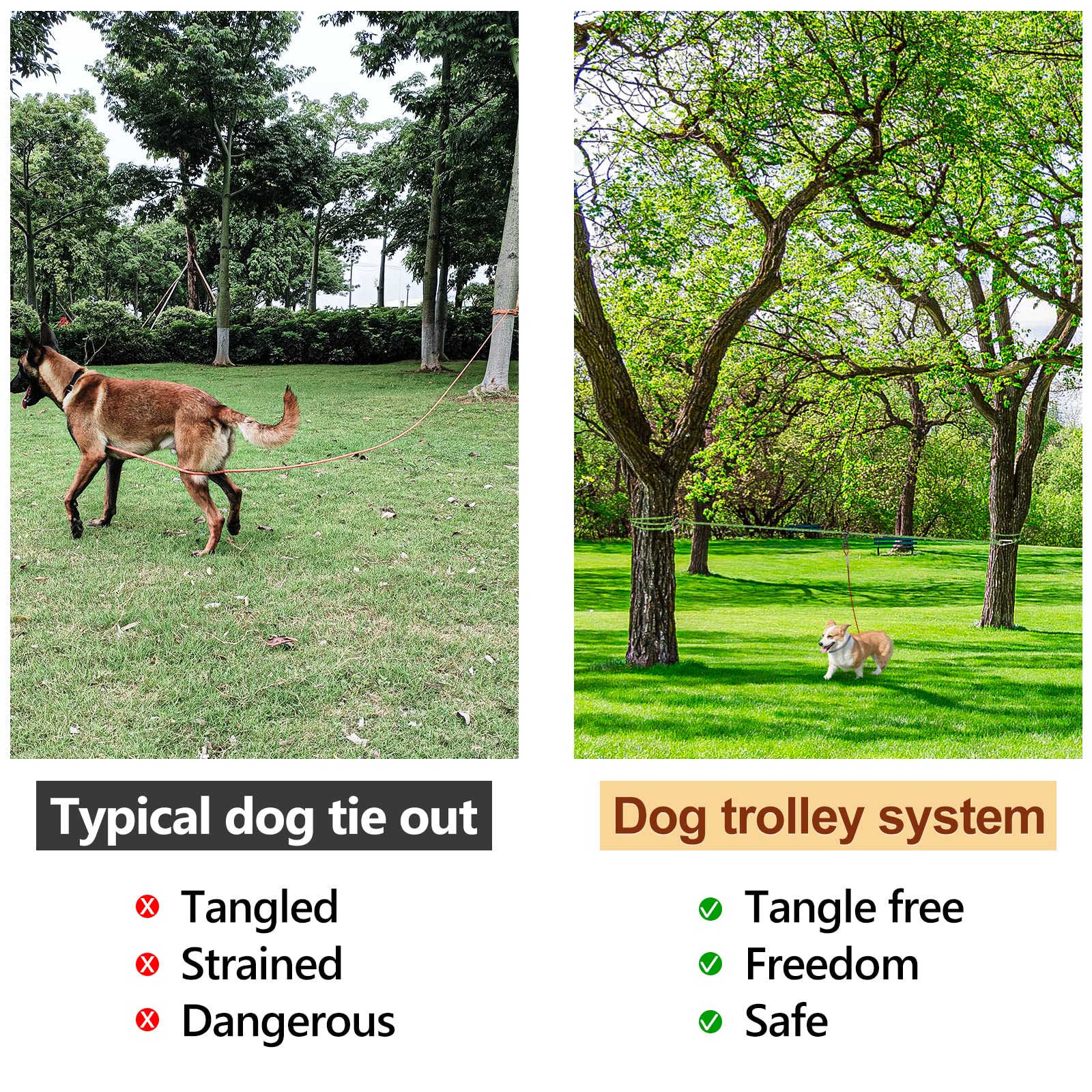 Xiaz Dog Tie Out Cable For Camping, 50Ft Portable Overhead Trolley System For Dogs Up To 300Lbs,Dog Lead For Yard, Camping, Parks, Outdoor Events,5 Min Set-Up, Green