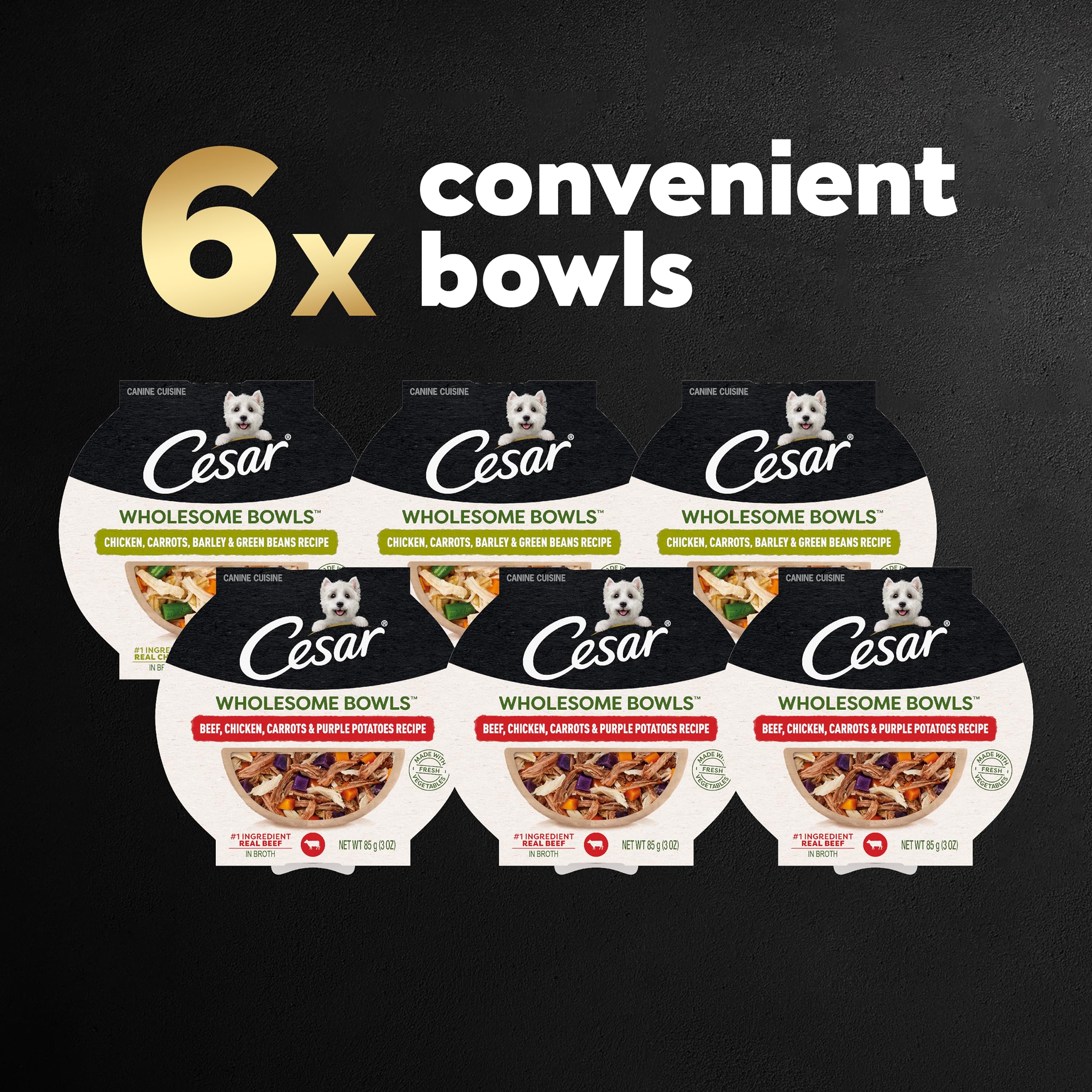 Cesar Wholesome Bowls Adult Wet Dog Food, Chicken, Carrots, Barley & Green Beans Recipe and Beef, Chicken, Purple Potatoes & Car