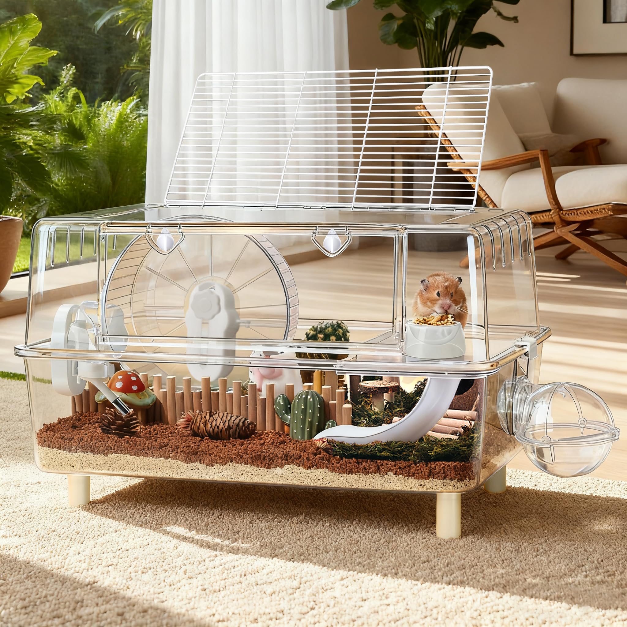 Large Hamster Cage,Crystal Clear Acrylic Hamster Cage with Stand,24.4L*18.1W*15.8H Pet Mouse Cage for Pet Mice,Crystal Mou