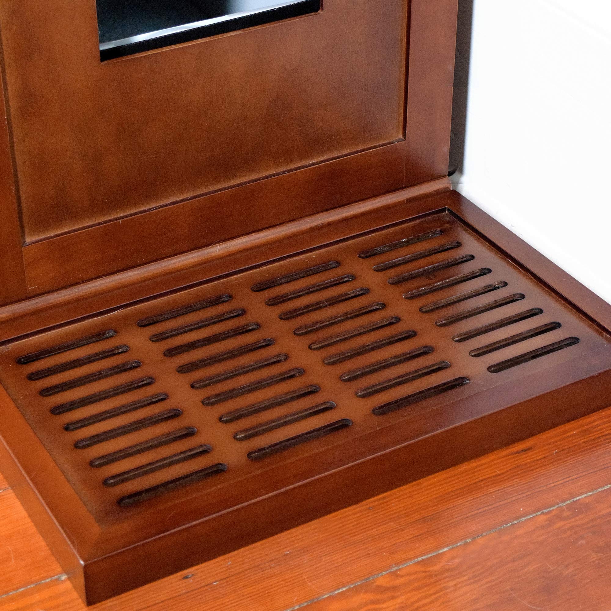 The Refined Feline Litter Catch For The Refined Litter Box Enclosure Cabinet In Mahogany Brown, Solid Wood With Slots To Catch Stray Litter As Cats Exit The Litter Box, Trap Door For Easy Emptying