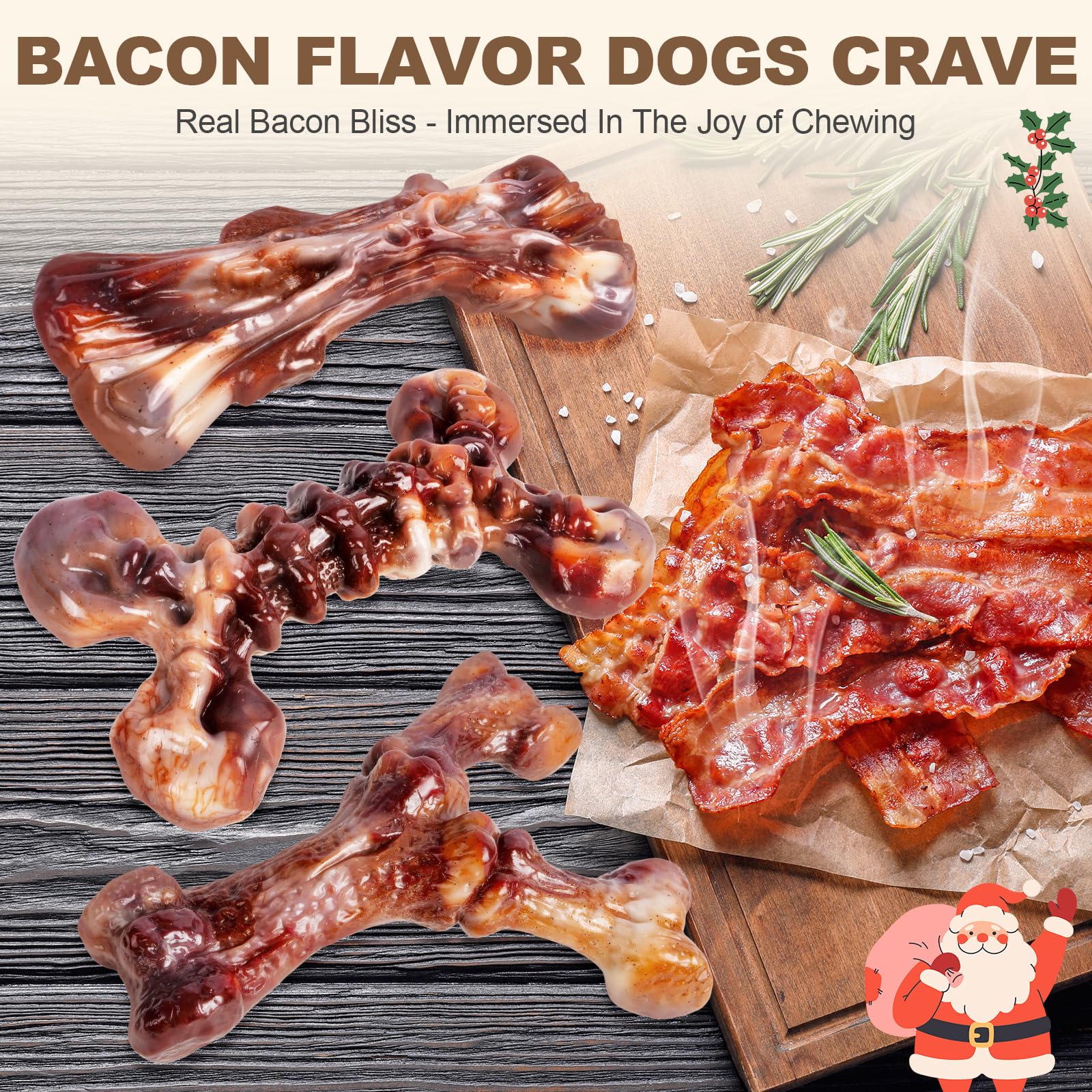 Kseroo Dog Toys for Aggressive Chewers - 3 Pack Bacon Flavored Indestructible Dog Toy, Big Tough Chew Bone for Medium Large Bree