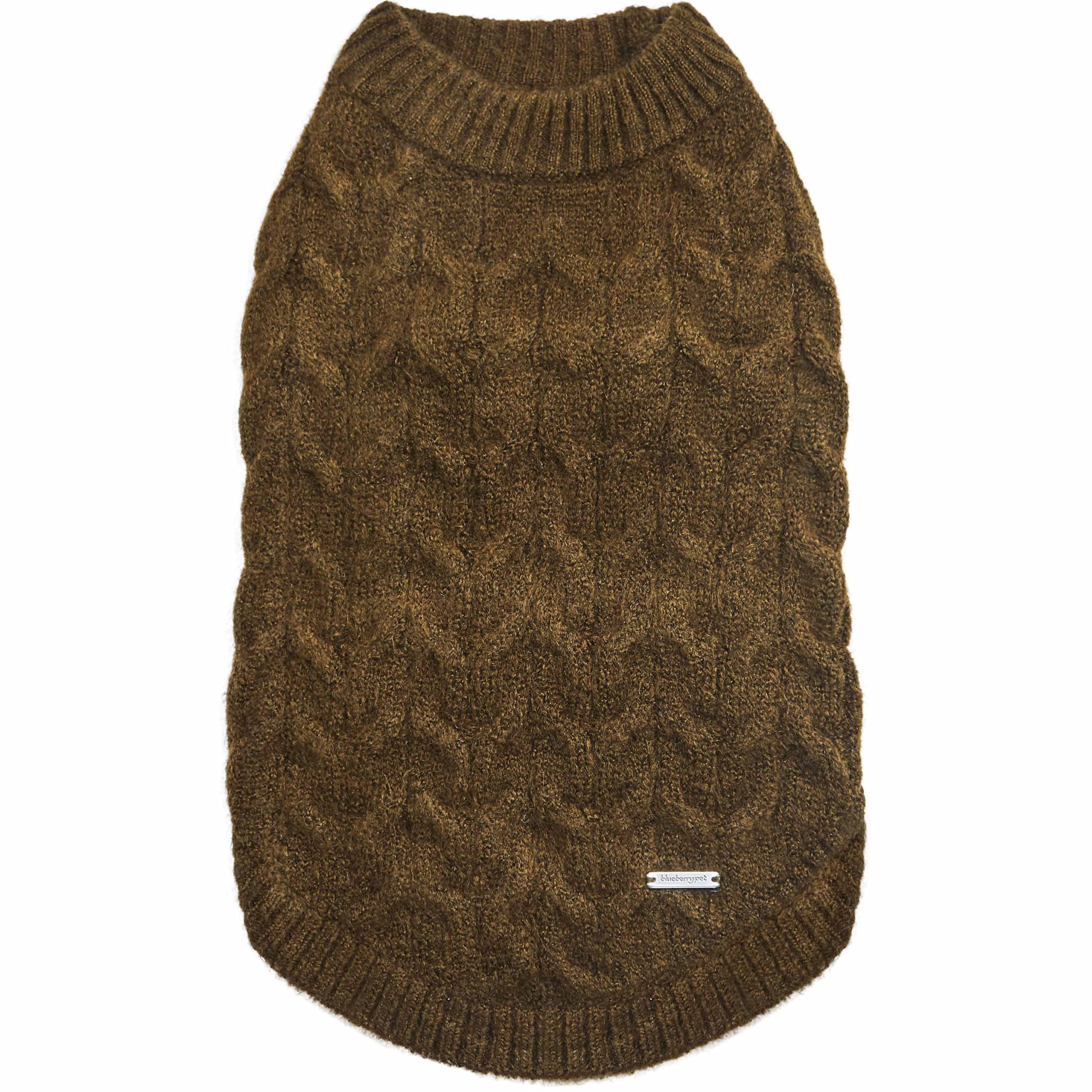Blueberry Pet Classic Fuzzy Textured Knit Pullover Crew-Neck Dog Sweater In Dark Olive, Back Length 18'', Pack Of 1 Clothes For 