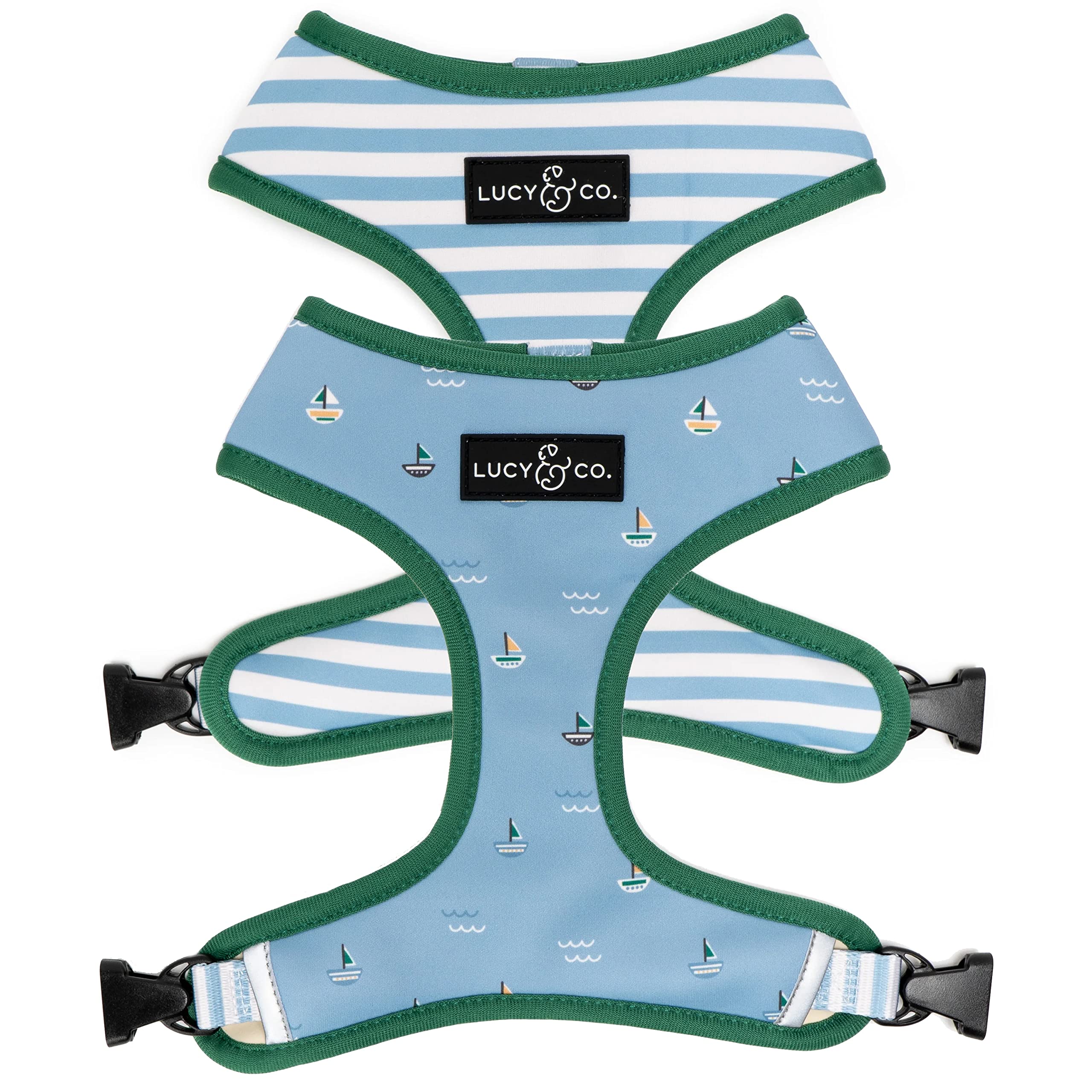Lucy & Co. Set Sail Reversible Harness, Walking Halter - Best Designer Pet Harnesses for Small Dogs - Padded Adjustable Vest for