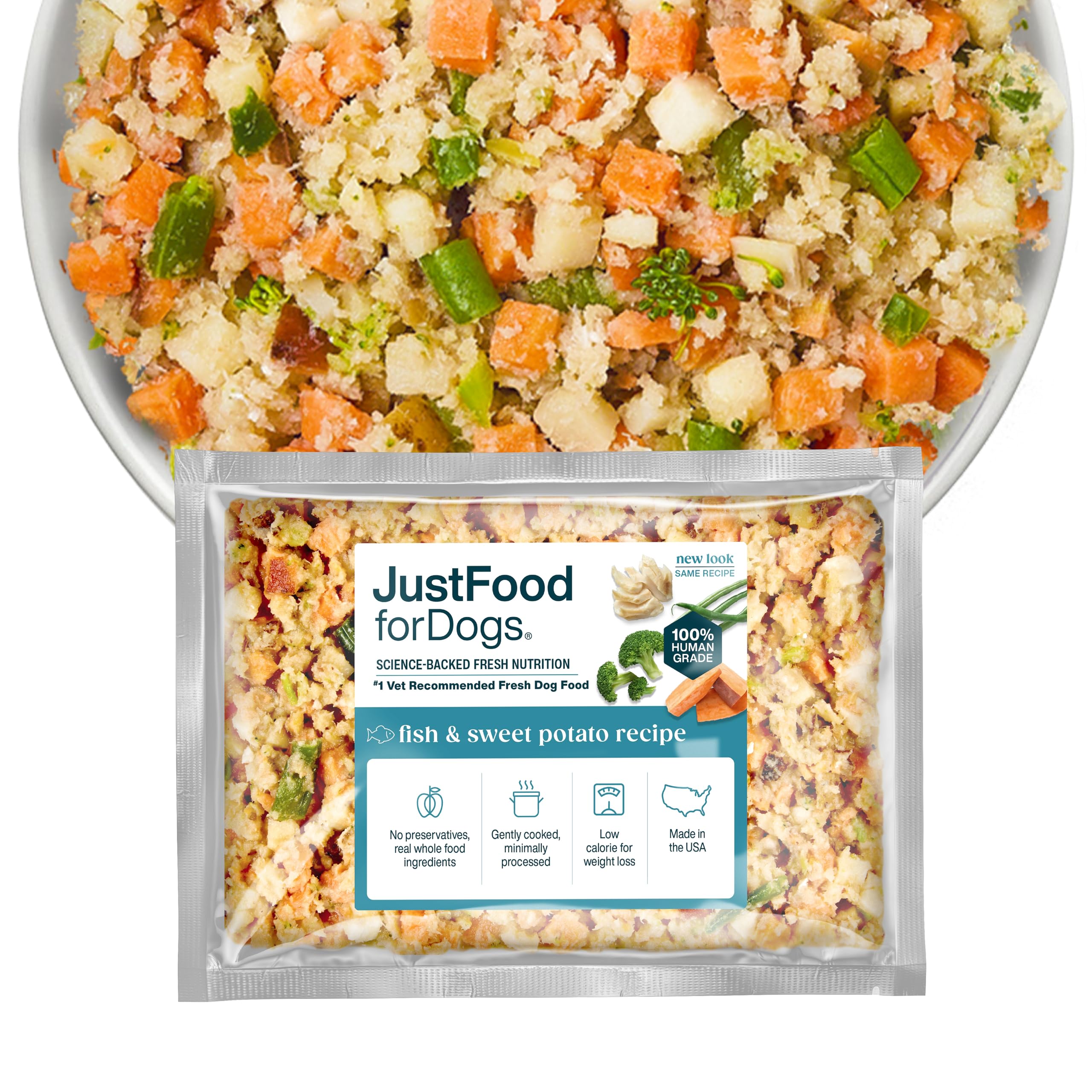 JustFoodForDogs Frozen Fresh Dog Food, Complete Meal or Dog Food Topper, Fish & Sweet Potato Human Grade Dog Food Recipe, 18 oz