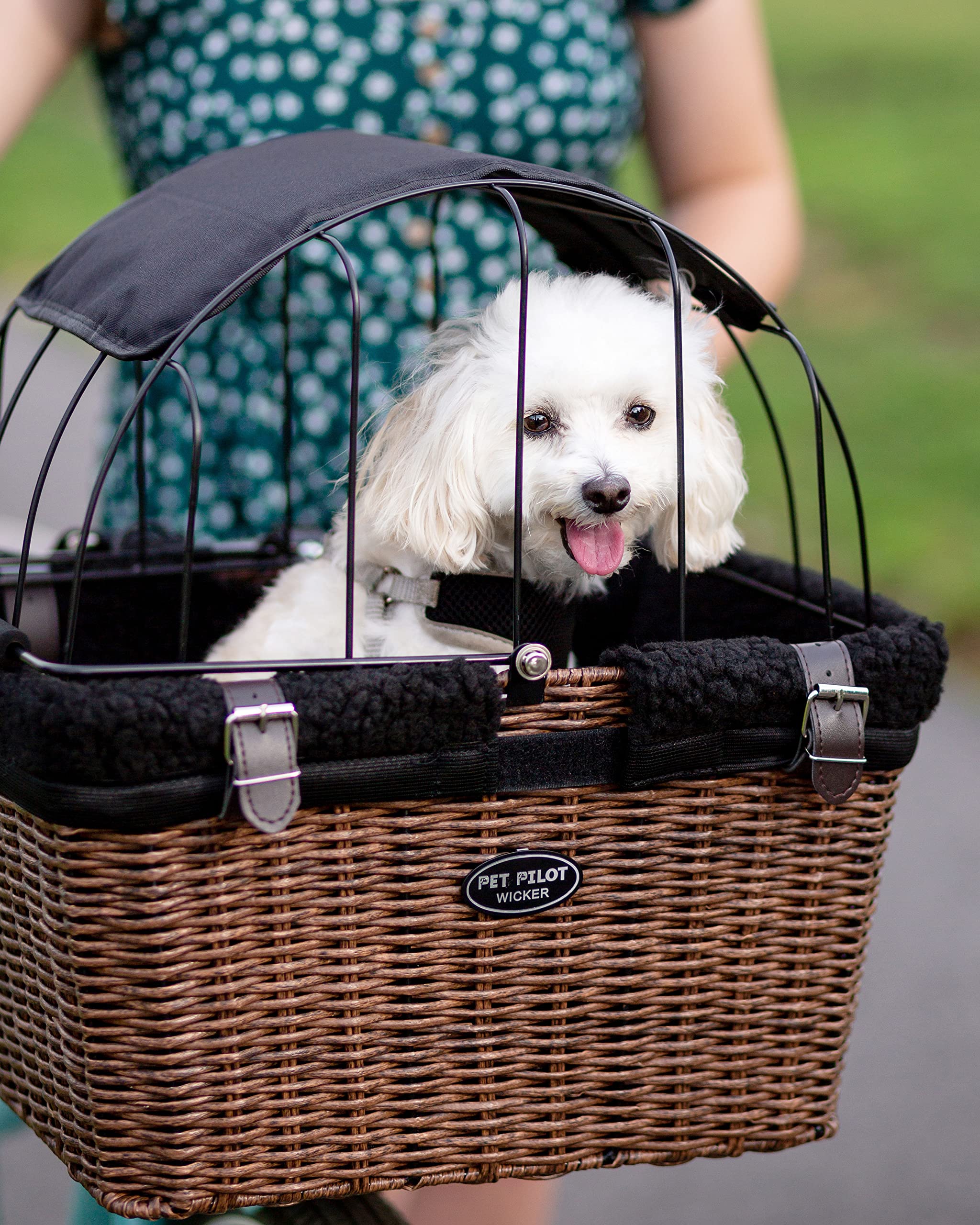 Travelin K9 Pet-Pilot Max Wicker Bike Basket For Dogs/Cats - Includes Wire Cage Top W/Sun Shade + Plush Removable Padded Liner