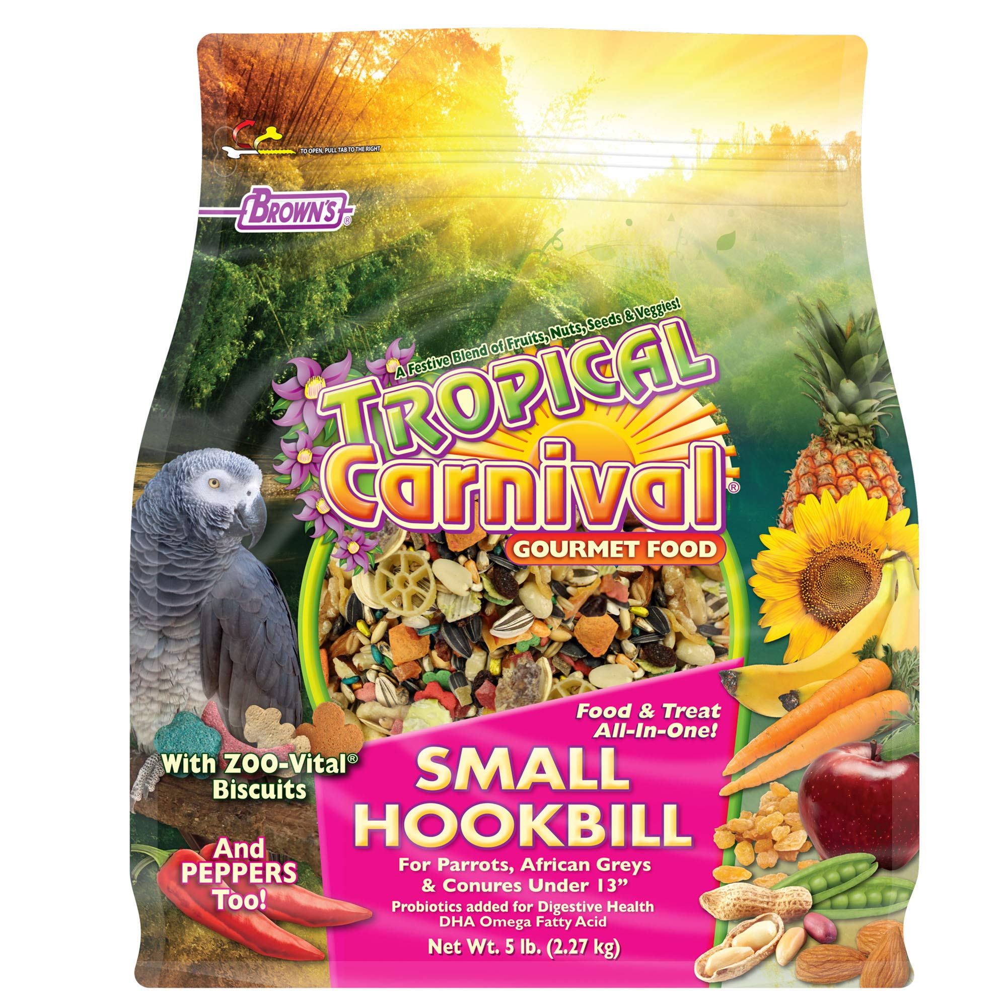 F.M. Browns Tropical Carnival Gourmet Bird Food for Parrots, African Greys, and Conures Under 13, Probiotics for Digestive Heal