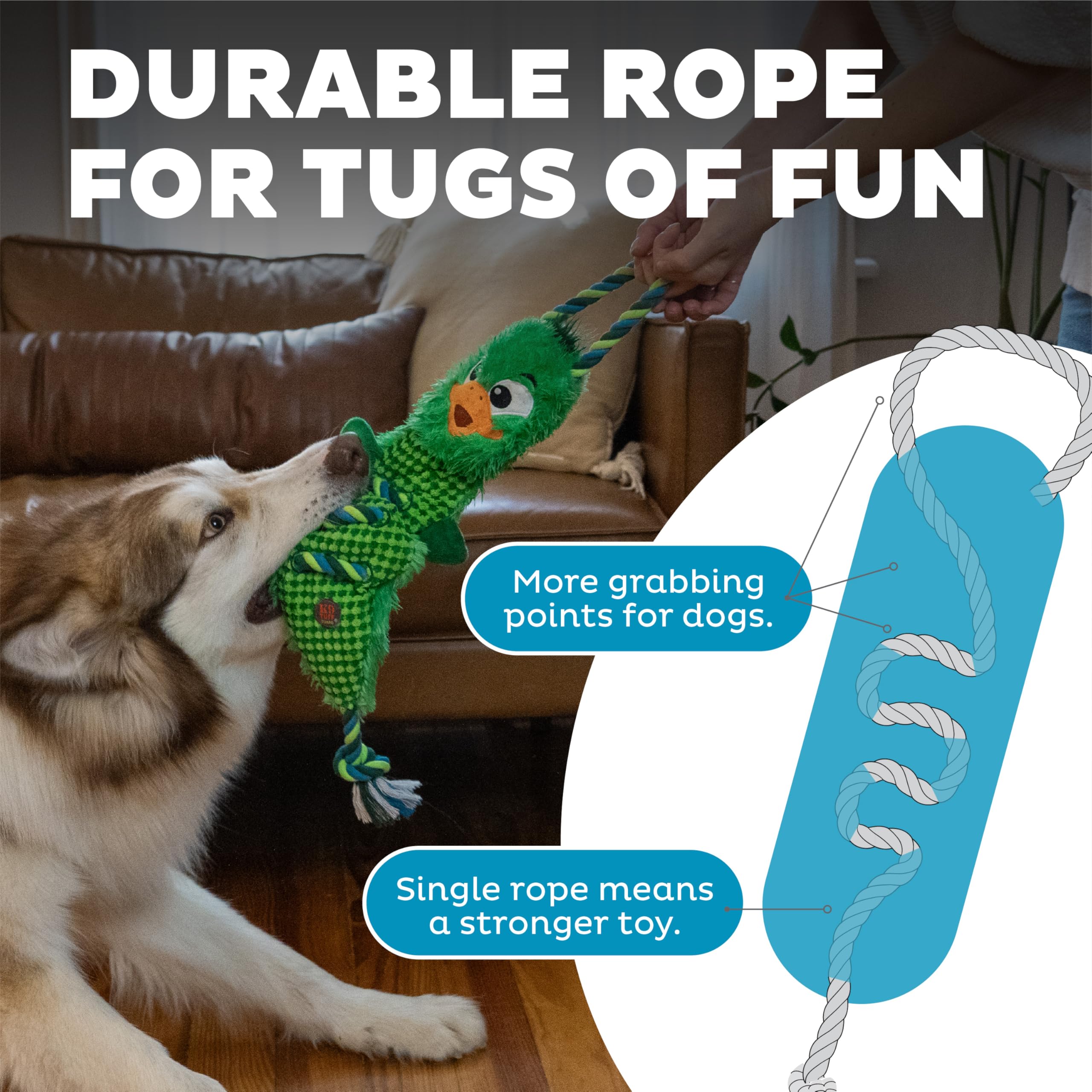 Outward Hound By Charming Pet Ropiez Mallard Rope Dog Tug Toy For Tugging Squeaky Fun, Green