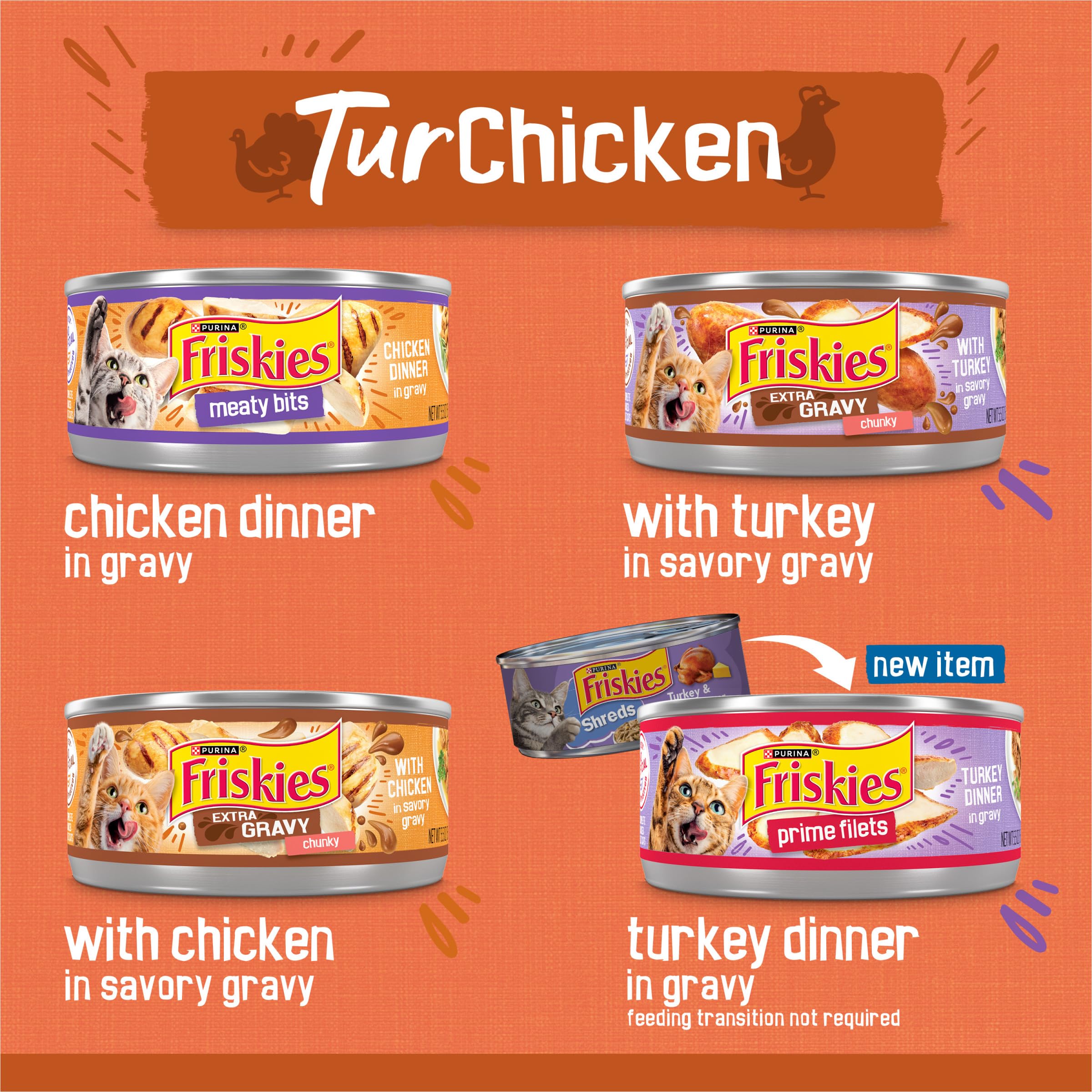 Purina Friskies Wet Cat Food Gravy Variety Pack, TurChicken Extra Gravy Chunky, Meaty Bits and Prime Filets - 48 ct. Can