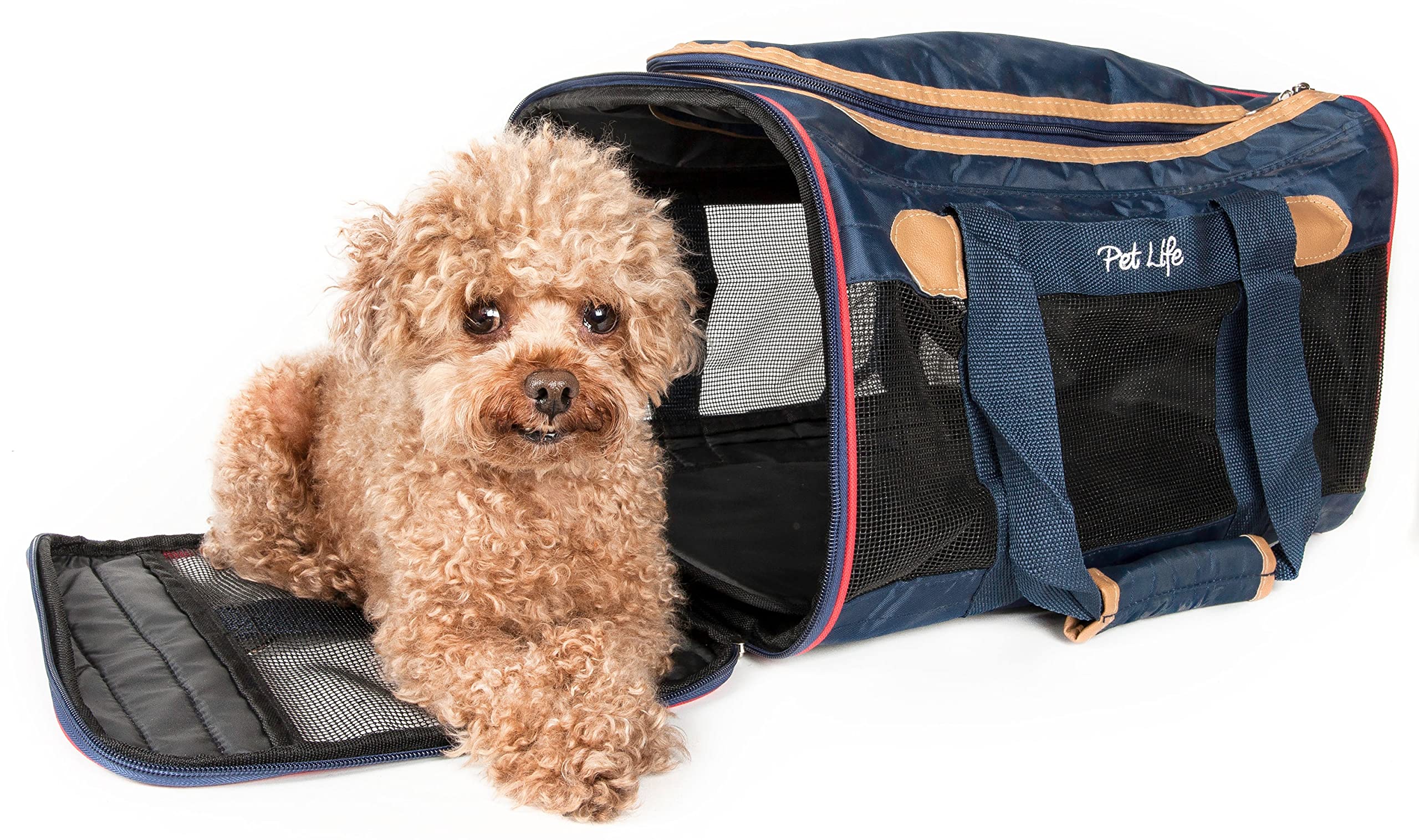 Pet Life 'Aero-Zoom' Airline Approved Pet Carrier - Folding Zippered Travel Cat and Dog Carrier - Wired Pet Crate Travel Dog Carrier Includes Over-The-Shoulder Straps and Sherpa Pet Pad