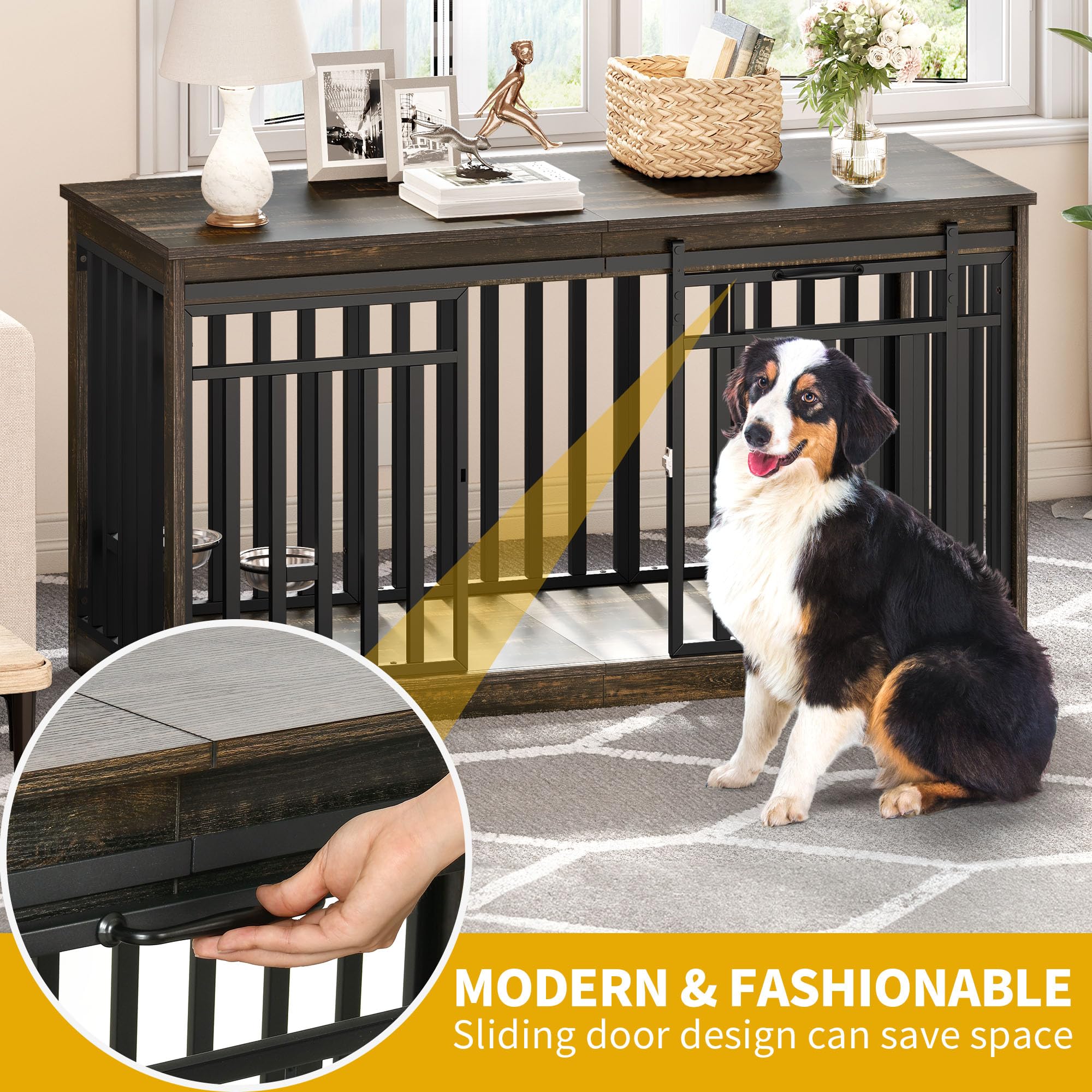 DWVO Extra Large Dog Crate Furniture, 55" Heavy Duty Metal Kennel, Wooden TV Stand, Black Oak