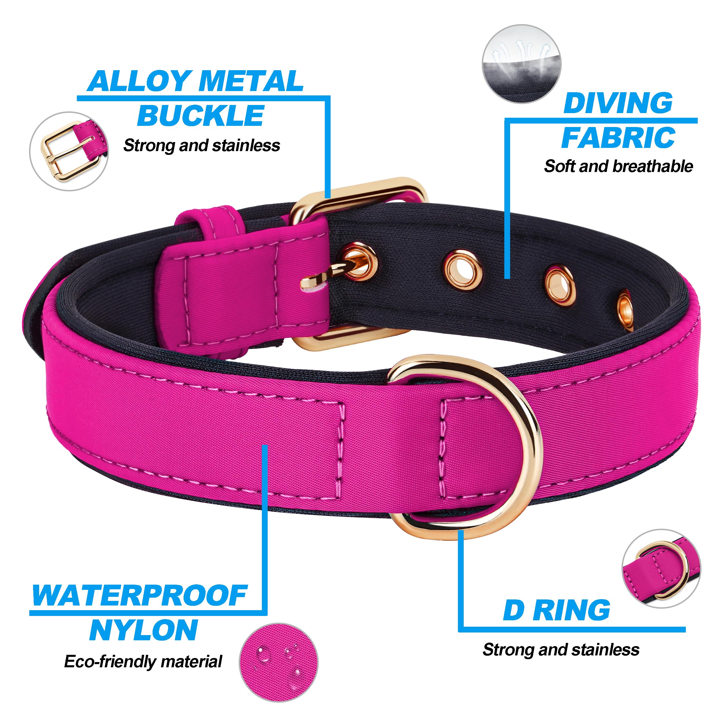 Didog Soft Padded Dog Collars For Medium Dogs, Lightweight And Breathable Dog Collar Waterproof With Metal Buckle, Rose Purple,