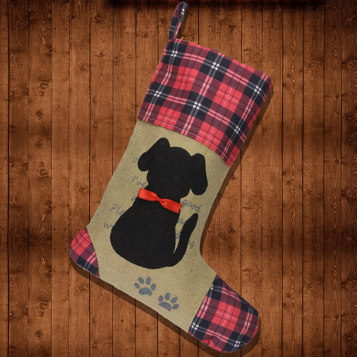 Wendsim Christmas Stocking For Dog Black Dog Christmas Stocking With Puppy Pattern Christmas Decorations, With Red Bowknot Pet Stocking For Christmas Holiday Personalize(Dog Pattern)