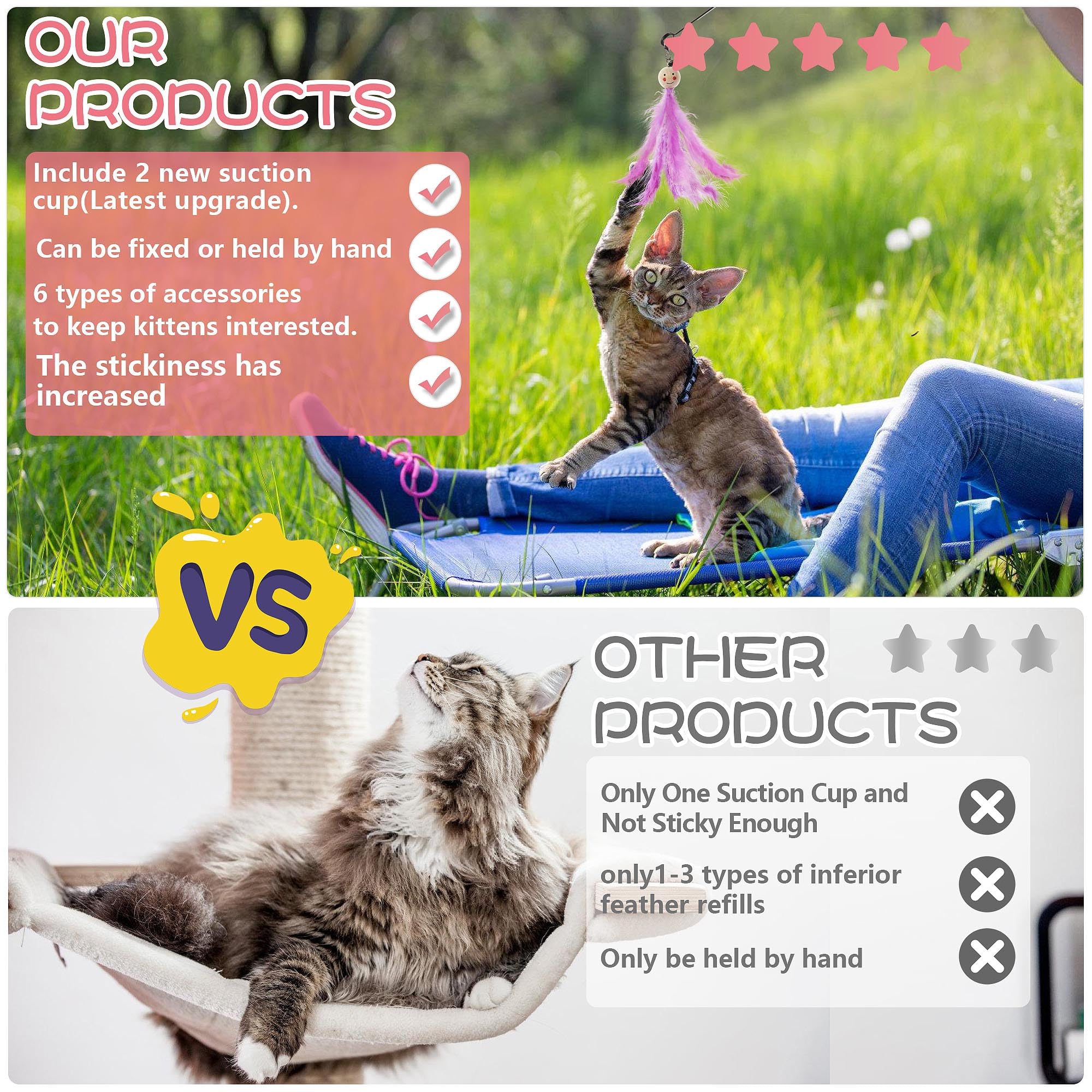 Kojude Cat Wand Toys With Suction Cup,Interactive Bird Simulation Cat Toy Set,Include 1 Replacement Birds And 5 Feather Toys Wit