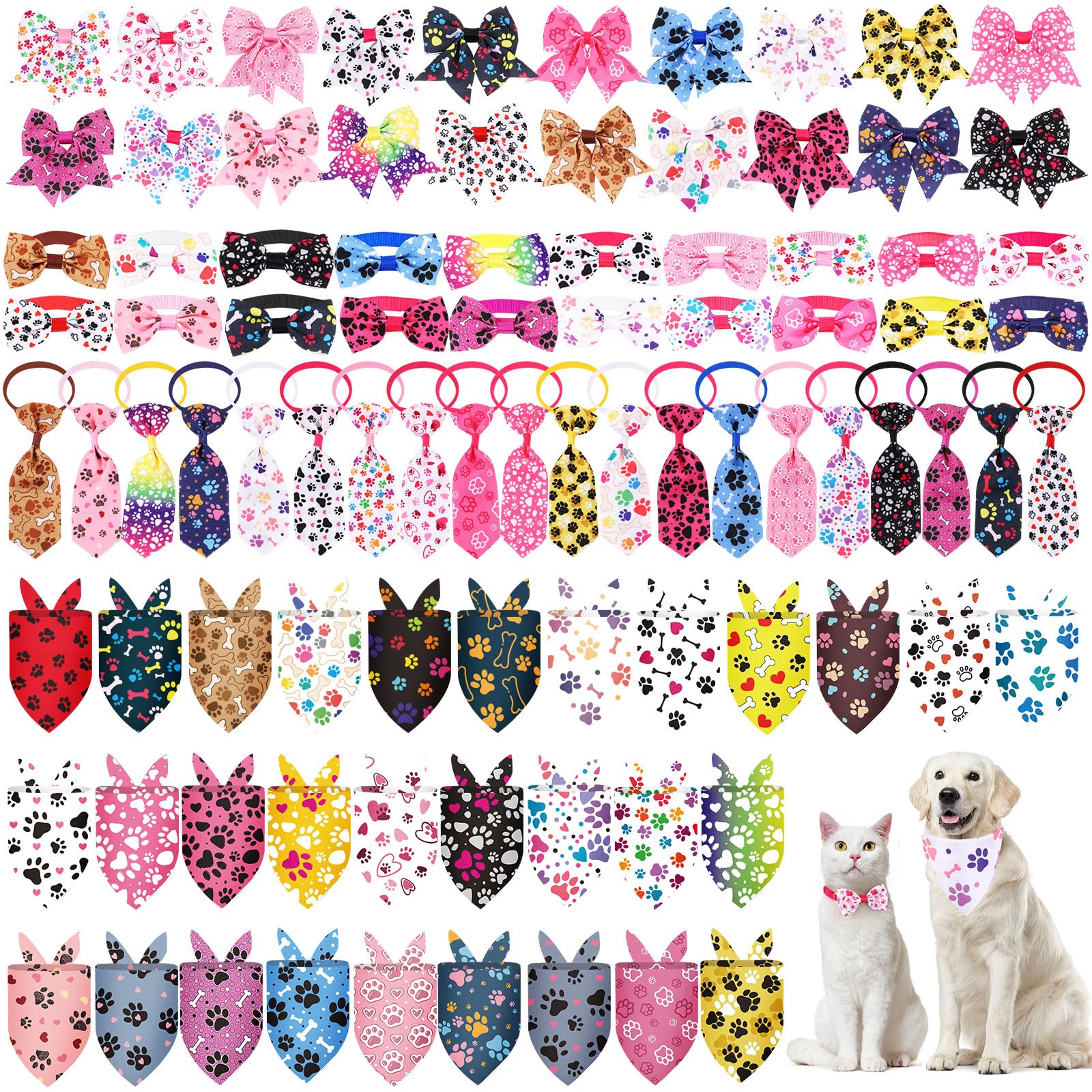 Reginary 120 Pcs Paw Bone Print Dog Bandanas Bulk Dog Bows Set Bow Ties Cat Scarf Colorful Washable Triangle Pet Kerchief Cute B
