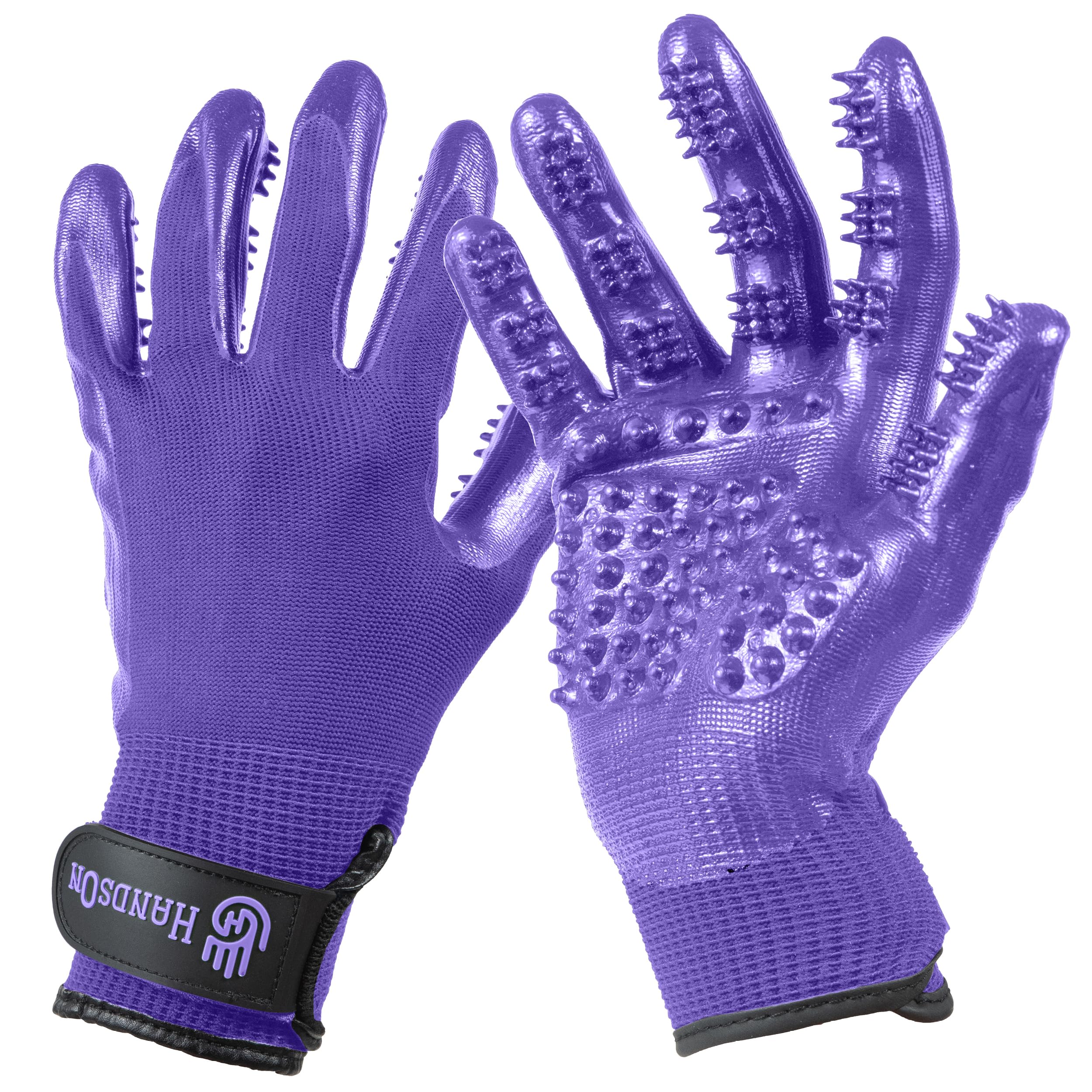 H Handson Pet Grooming Gloves - Patented #1 Ranked, Award Winning Shedding, Bathing, & Hair Remover Gloves - Gentle Brush For Cats, Dogs, And Horses (Mono Purple, Small)
