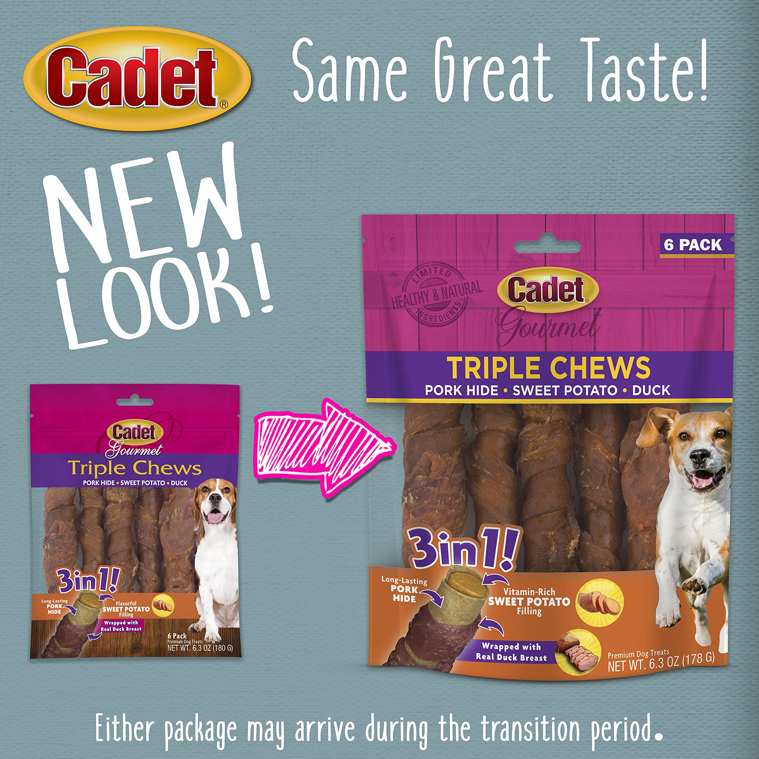 Cadet Gourmet Triple Chews Pork Hide, Sweet Potato, & Duck Dog Treats - Healthy Dog Treats for Small & Large Dogs - Inspected &